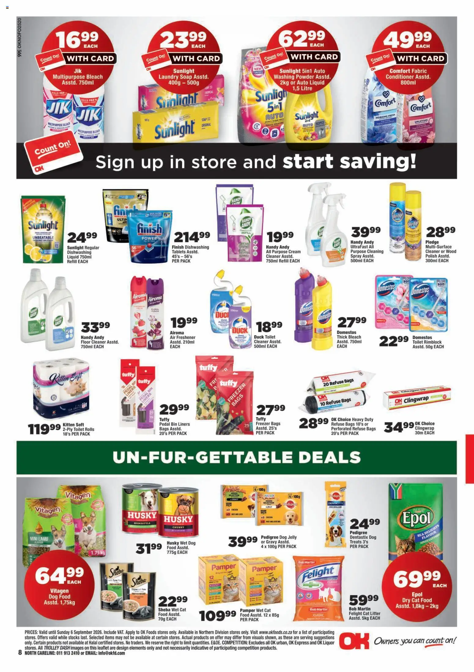 New OK Foods catalogue – valid from 25/08/2026 | Page: 8 | Products: Bleach, Cream, Washing powder, Cat food