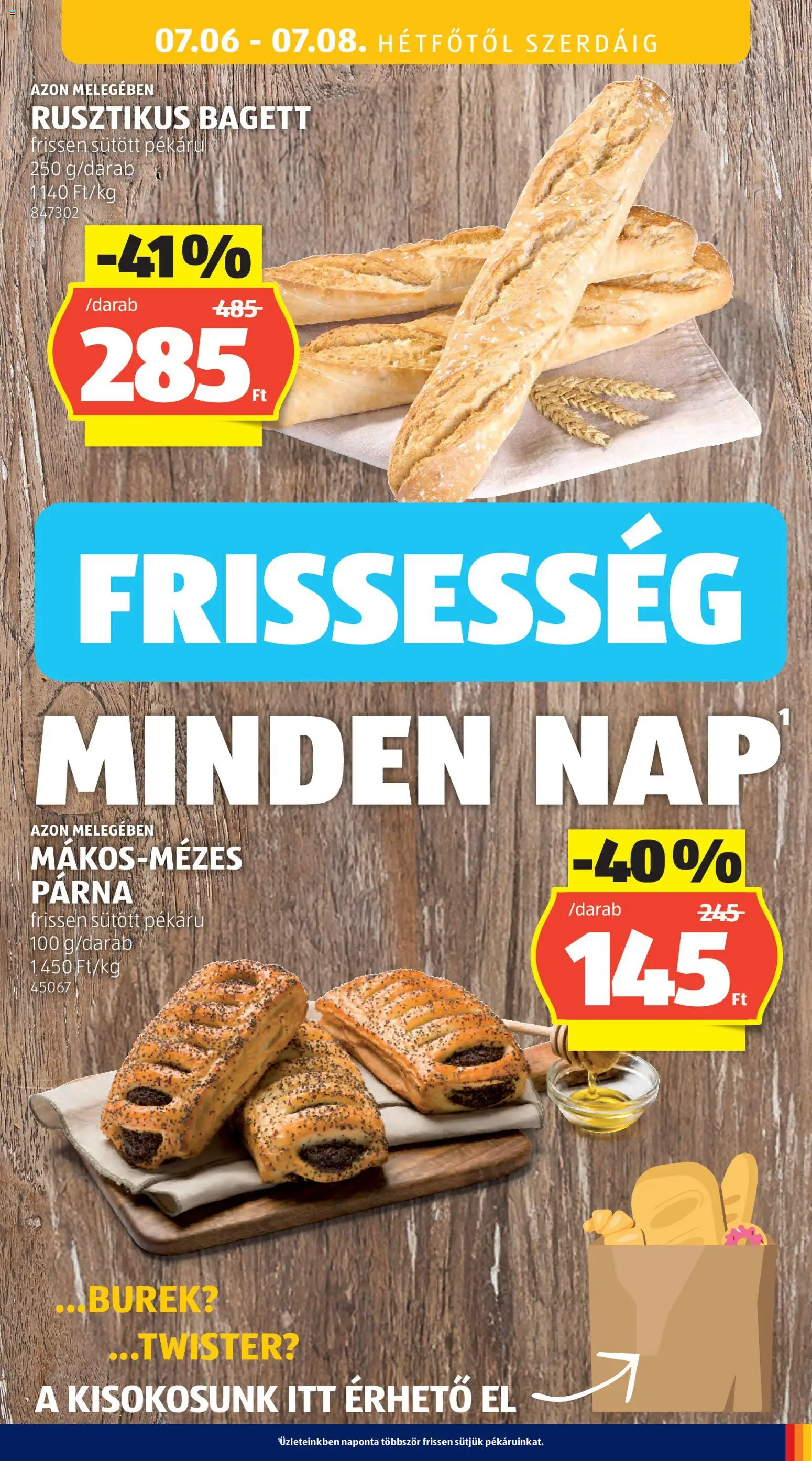 Aldi akciós ujság - amely érvényes a következő dátumtól: 2026.07.02. | Oldal: 43 | Termékek: Burek, Bagett, Párna