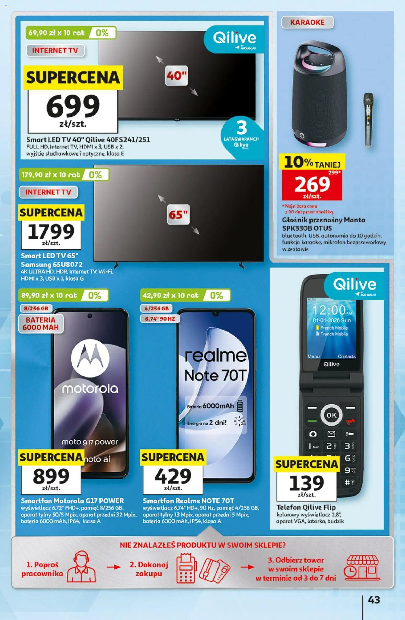 Auchan gazetka - Hipermarket od 01.10.2026 | Strona: 43 | Produkty: Telefon, Głośnik, USB, Bateria