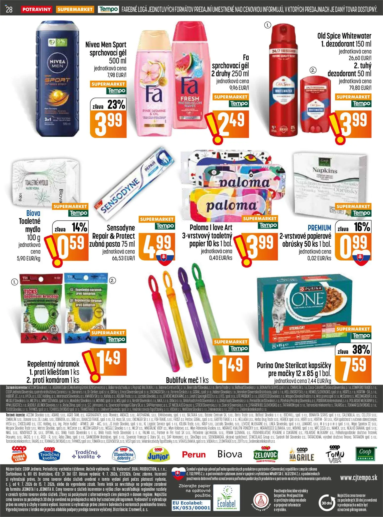 Nové COOP Jednota akcie – leták je platný od 09.07.2026 | Strana: 28 | Produkty: Lindt, Toaletný papier, Dezodorant, Zubná pasta