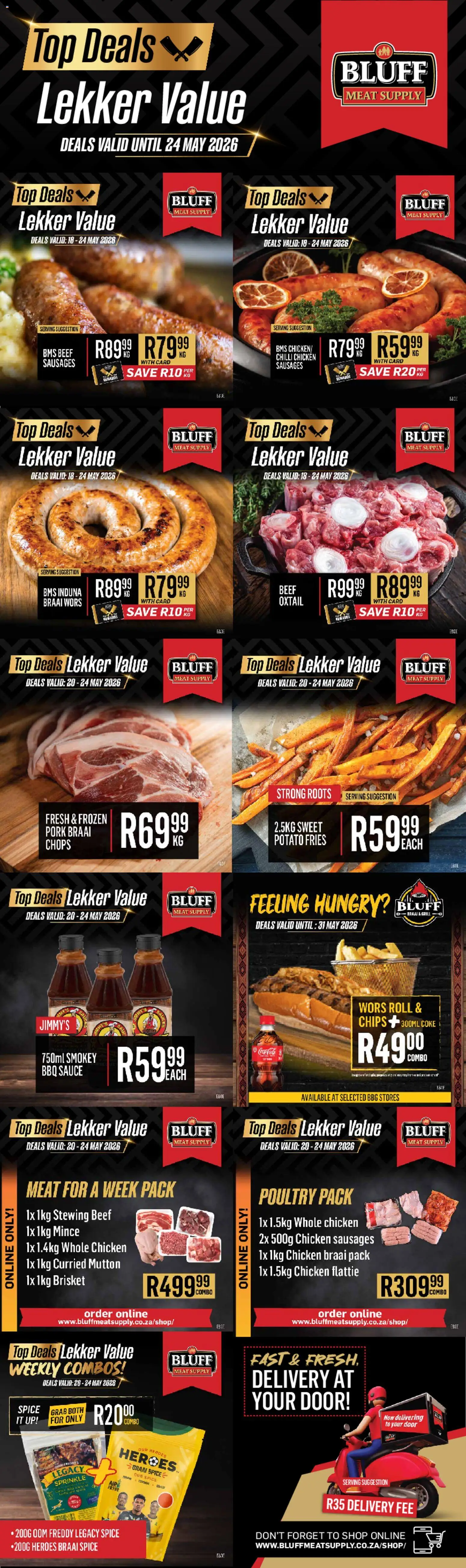 New Bluff Meat Supply catalogue – valid from 20.05.2026 | Page: 1 | Products: Coke, Chicken, Beef, Sauce