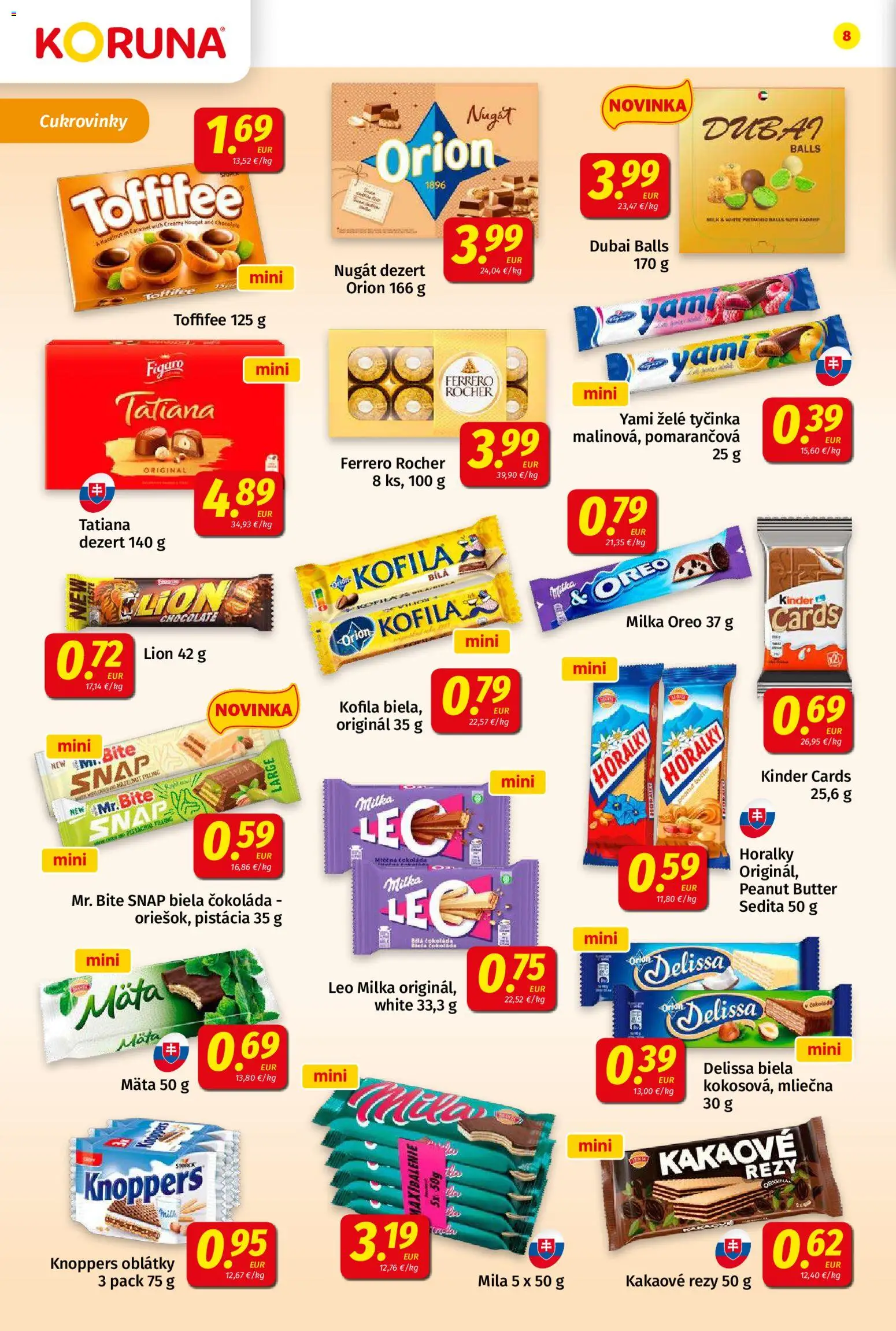 Nové Koruna akcie – leták je platný od 05.06.2026 | Strana: 8 | Produkty: Čokoláda, Mila, Milka, Ferrero Rocher