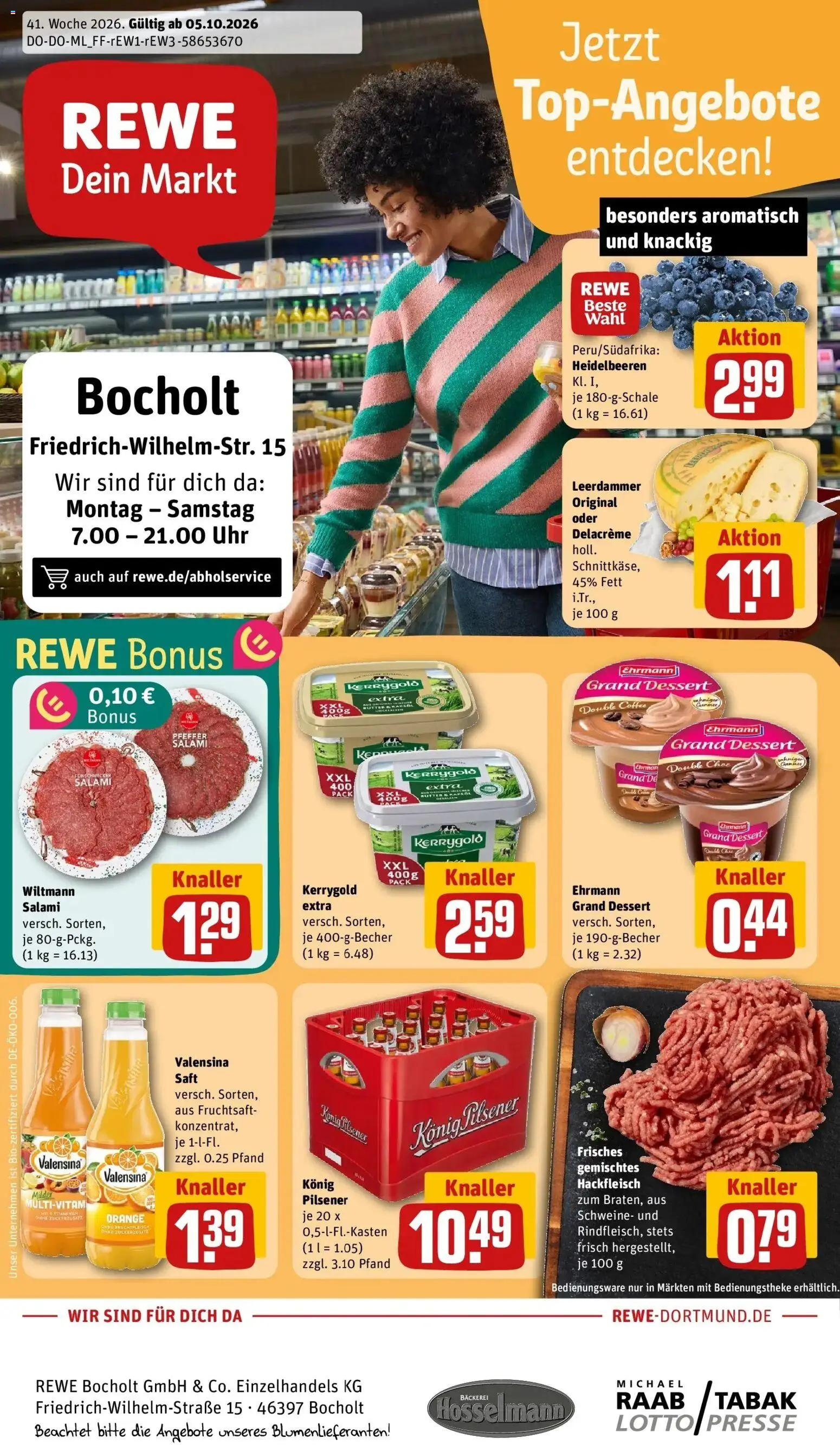 REWE Prospekt ab 05.10.2026 zum Blättern » Angebote | Seite: 1 | Produkte: Presse, Saft, Fruchtsaft, Hackfleisch