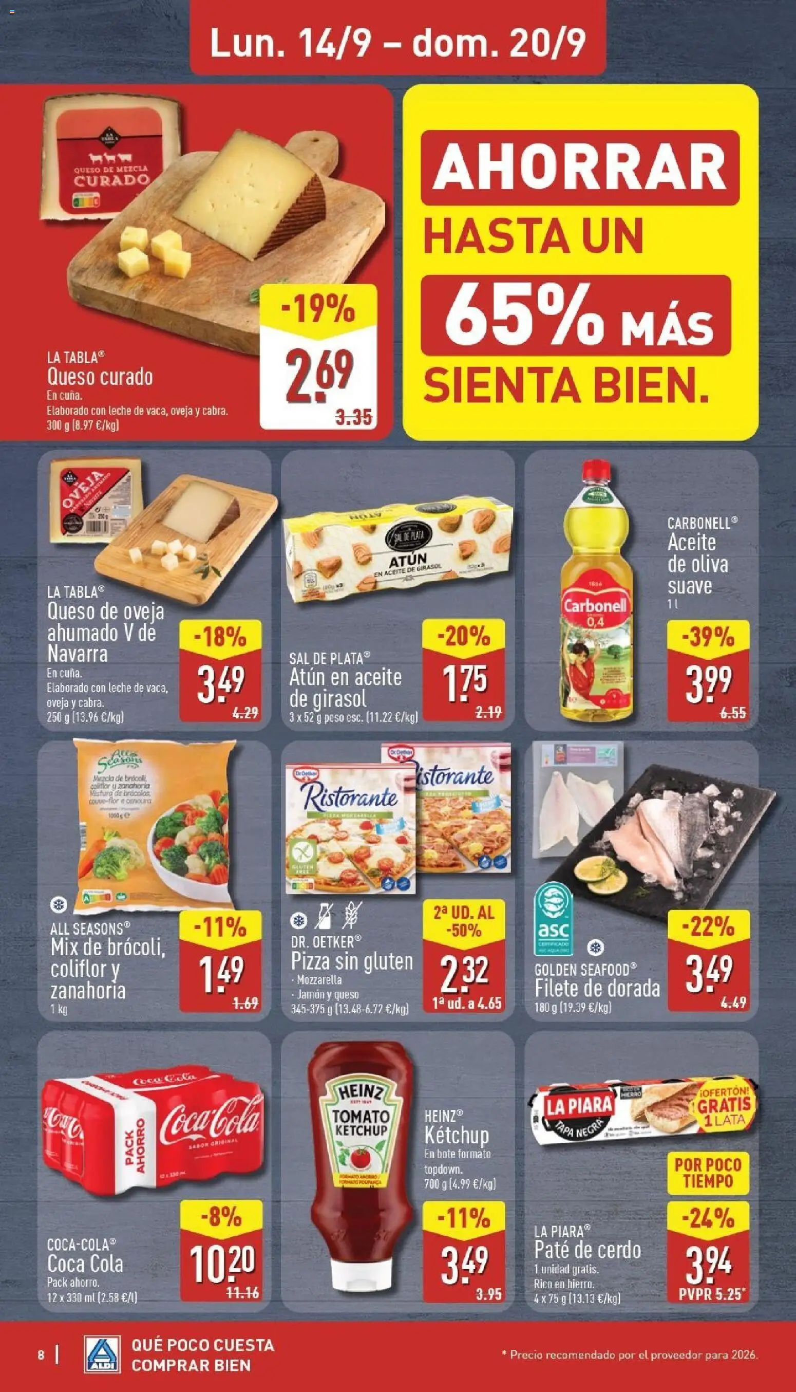 Aldi folleto Baleares │ válido desde el 14/09/2026 | Página: 8 | Productos: Atún, Paté, Coca-Cola, Filete