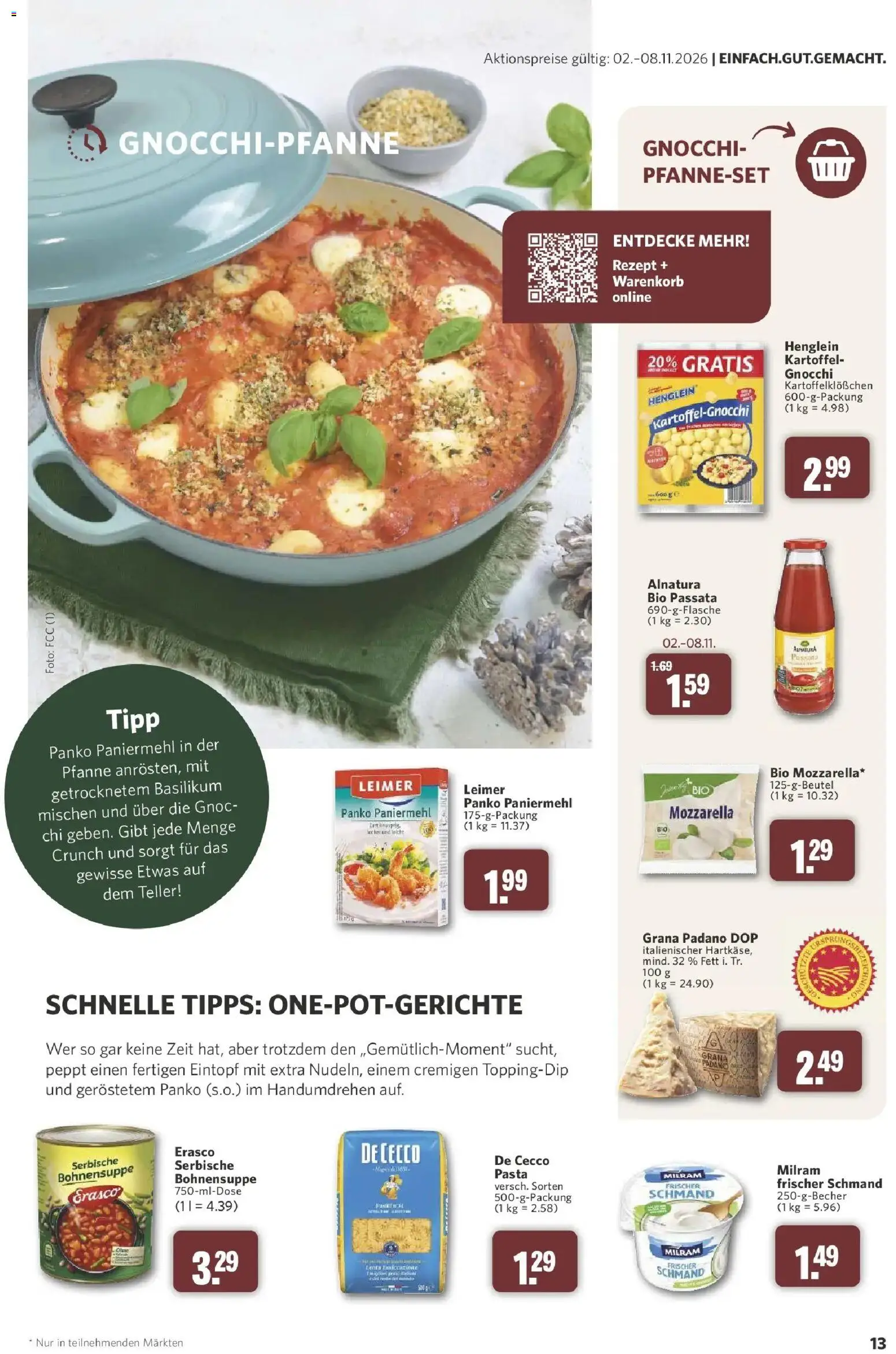 Combi Aktueller Prospekt (ab 26.10.2026) zum Blättern | Seite: 13 | Produkte: Gnocchi, Mozzarella, Pasta, Erasco