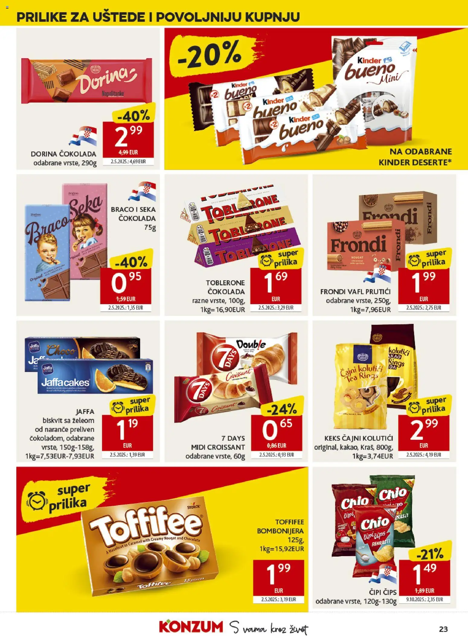 Konzum katalog | vrijedi od 08.04.2026 | Stranica: 23 | Proizvodi: Čajni kolutići, Dorina, Čokolada, Naranče