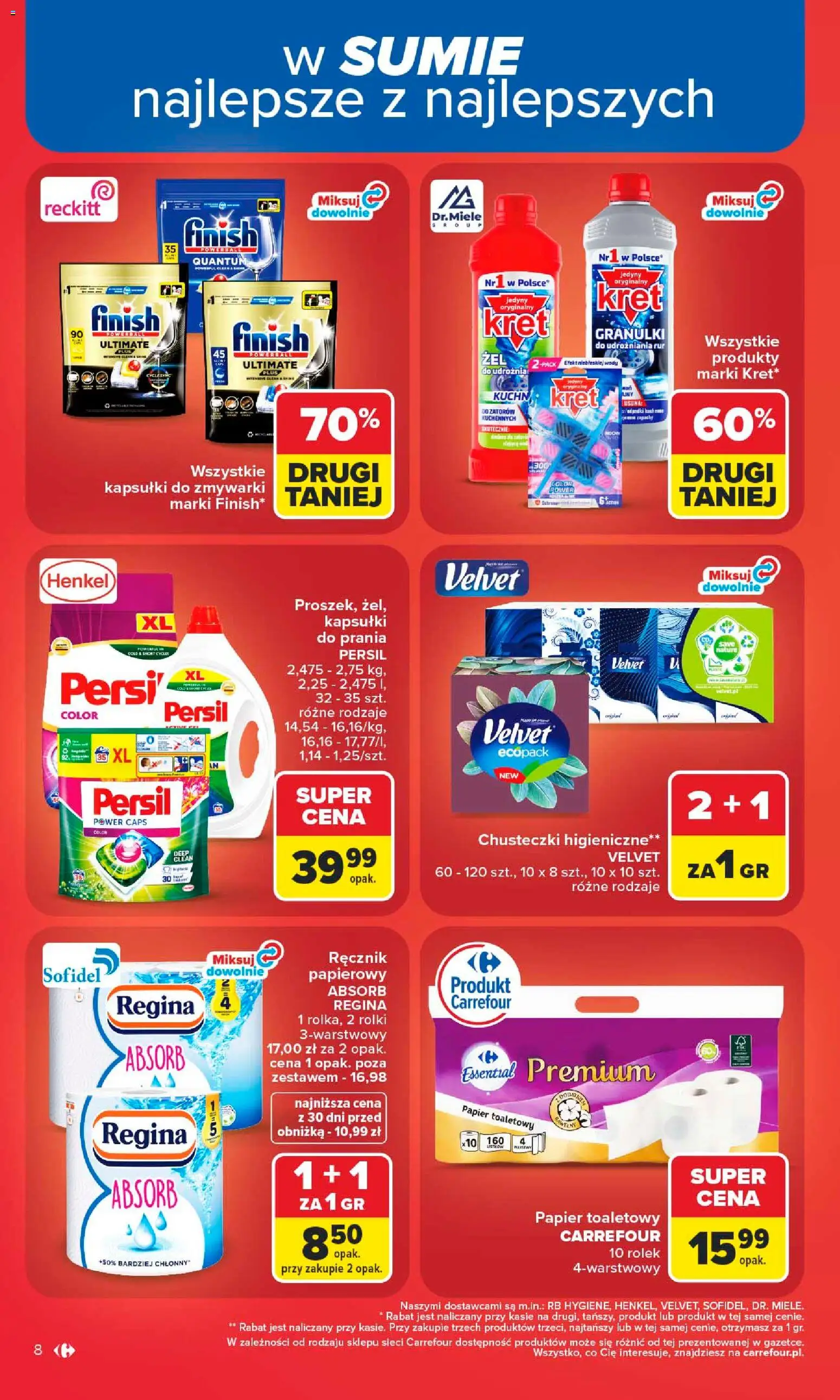 Carrefour gazetka od 06.07.2026 | Strona: 8 | Produkty: Papier toaletowy, Kapsułki do prania, Finish, Kapsułki do zmywarki