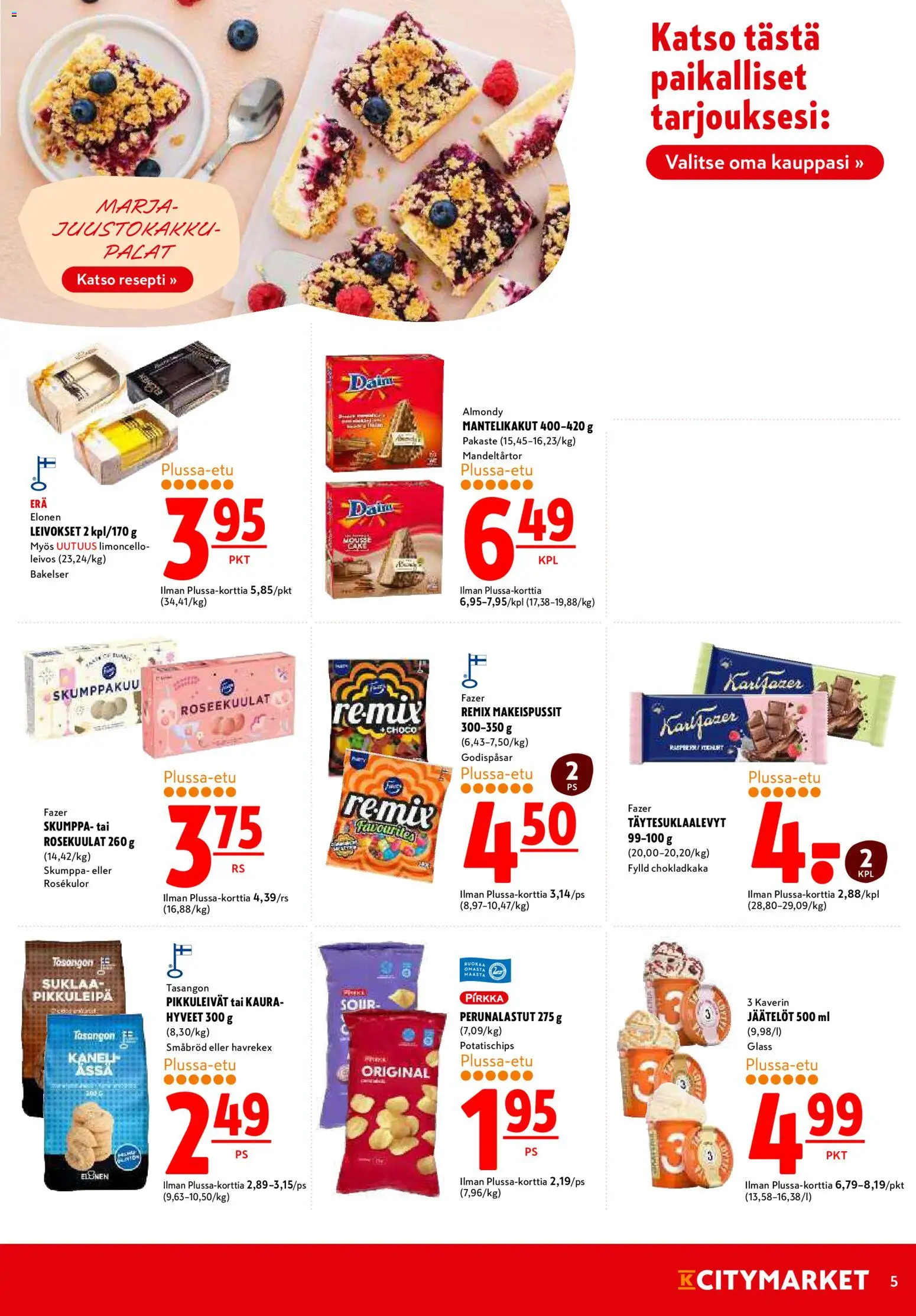 K-Citymarket tarjoukset – voimassa 28.05.2026 alkaen | Sivu: 5 | Tuotteet: Makeispussit, Kaneli, Kaura, Pikkuleivät