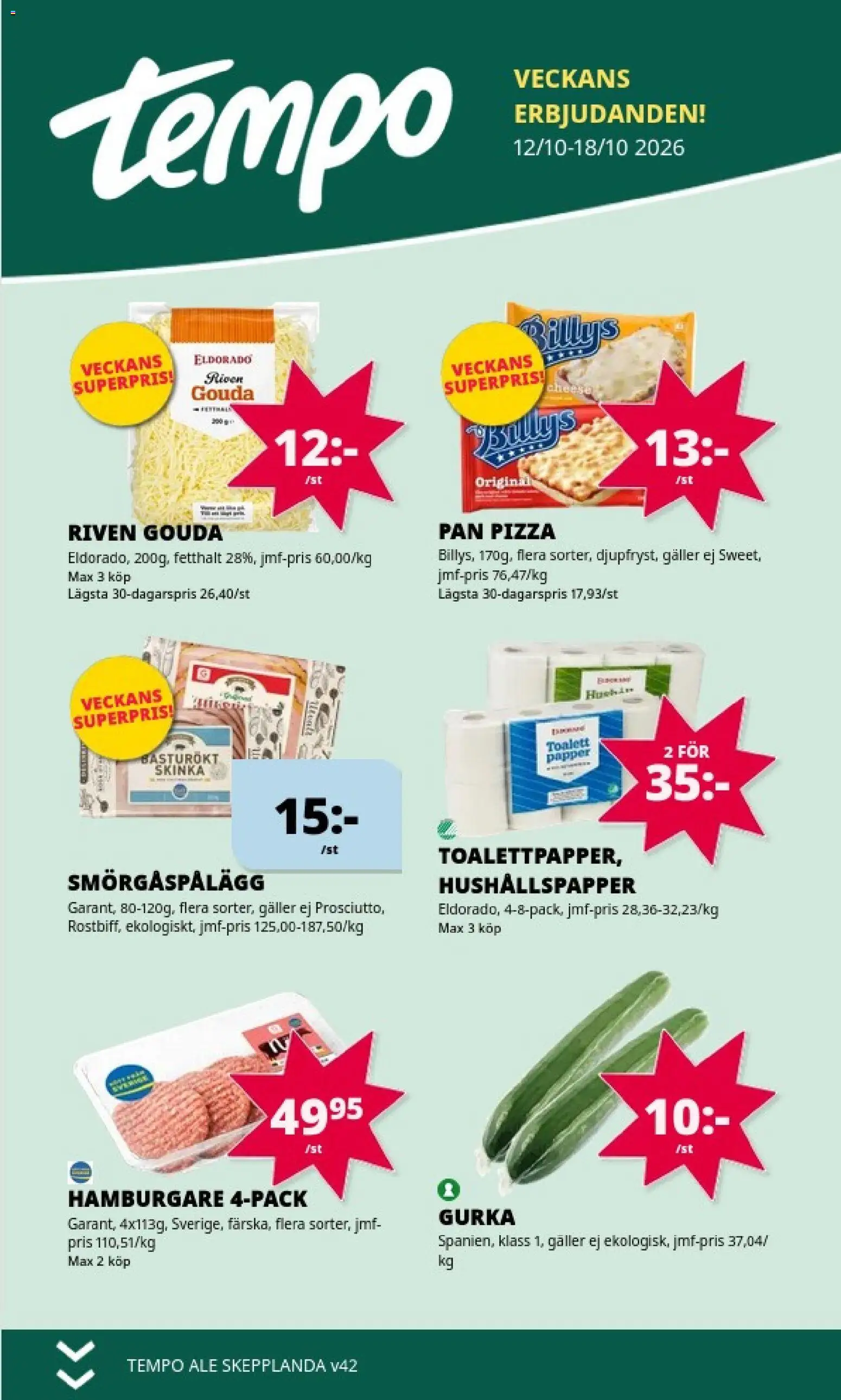 Tempo reklamblad aktuell från 12/10/2026 | Sida: 1 | Produkter: Hushållspapper, Hamburgare, Skinka, Gurka