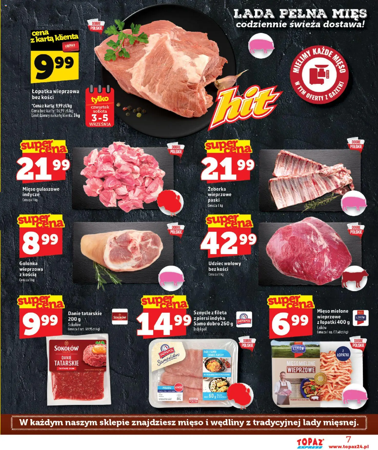 Topaz gazetka - Express od 03.09.2026 | Strona: 7 | Produkty: Golonka, Karta, Udziec wołowy, Wędliny