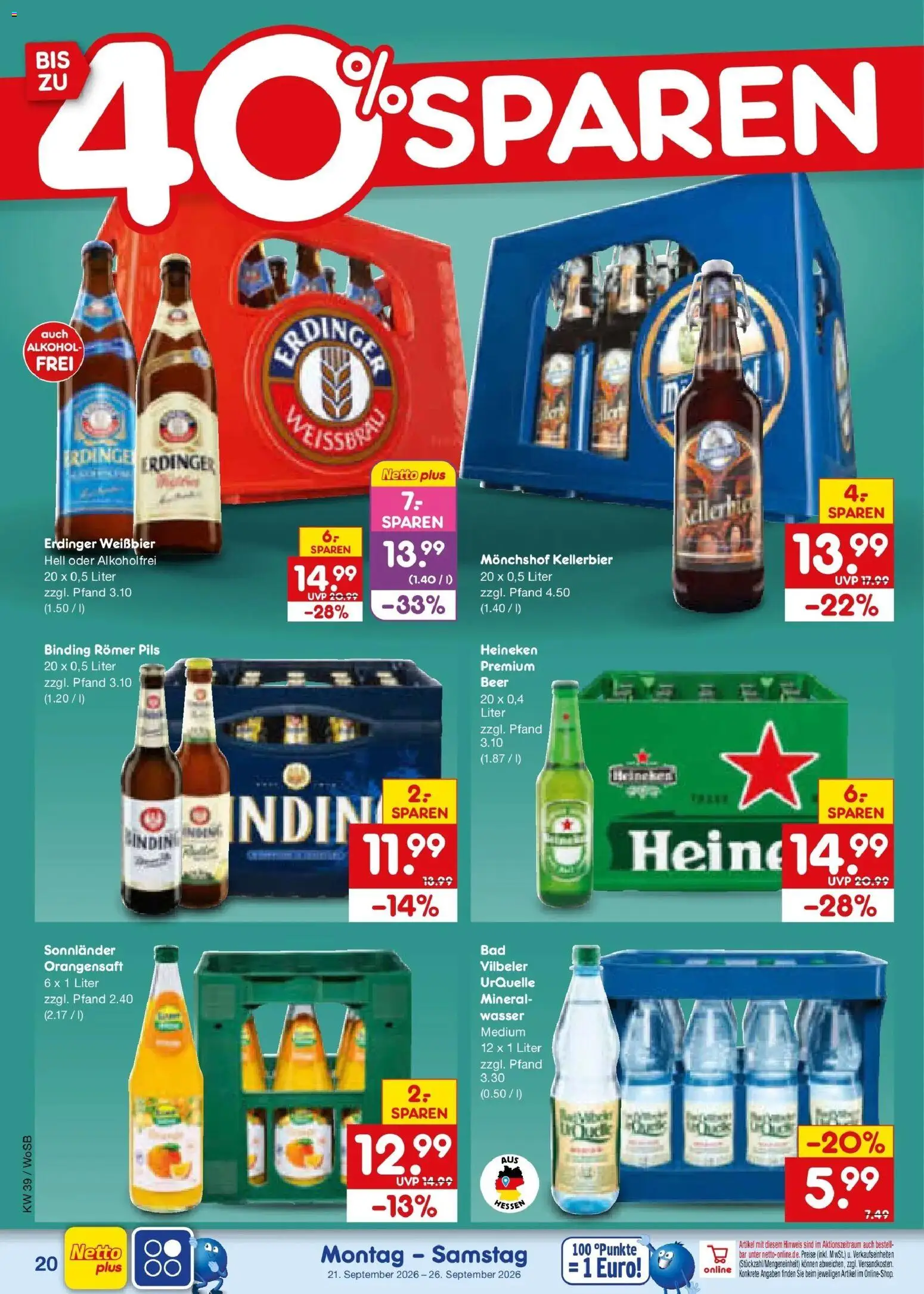 Netto Marken-Discount Prospekt Ludwigshafen-Edigheim – gültig ab 21.09.2026 | Seite: 28 | Produkte: Orangensaft, Heineken, Wasser, Alkohol