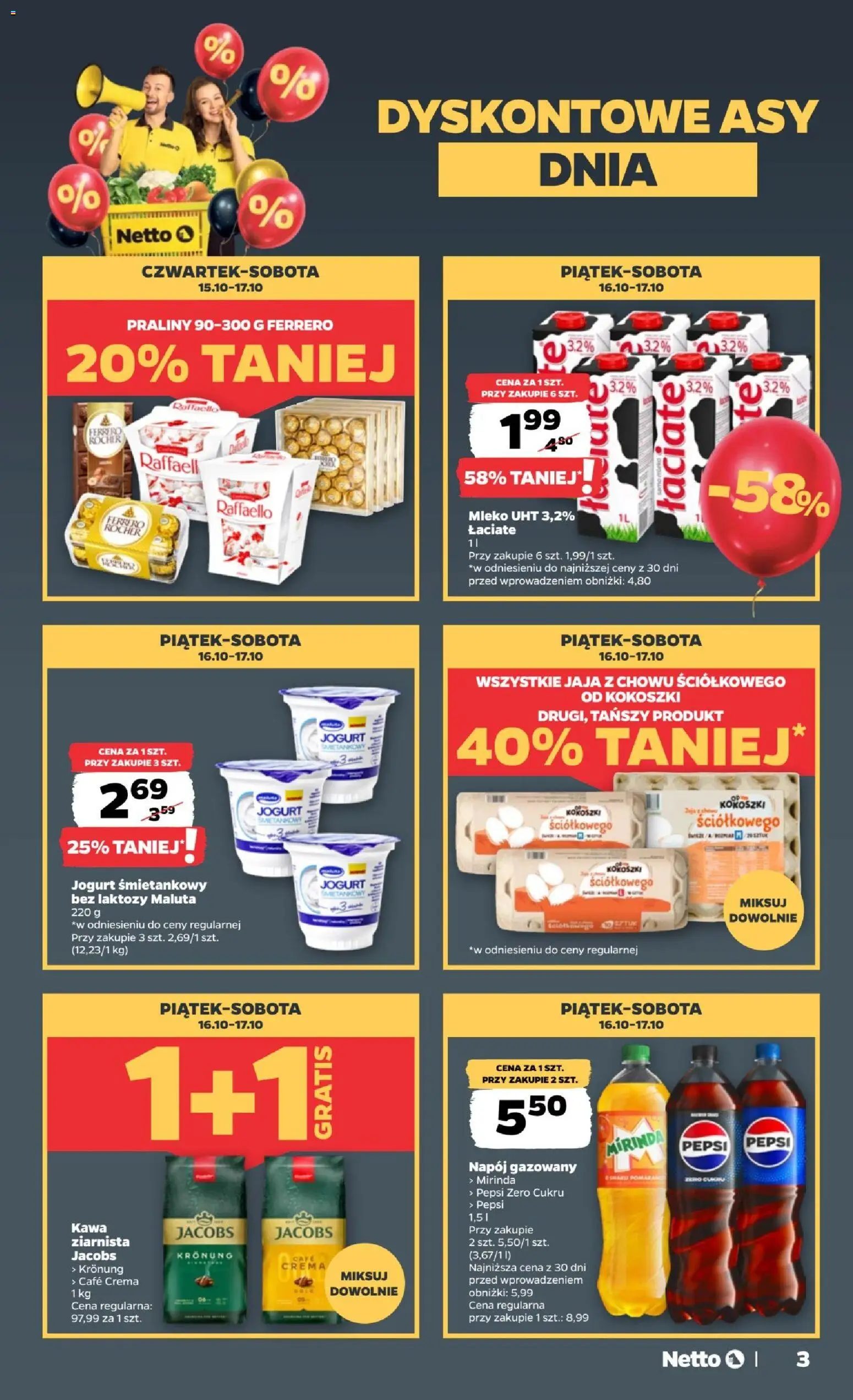 Netto gazetka od czwartku od 15.10.2026 | Strona: 3 | Produkty: Praliny, Mleko, Kawa, Pepsi Zero