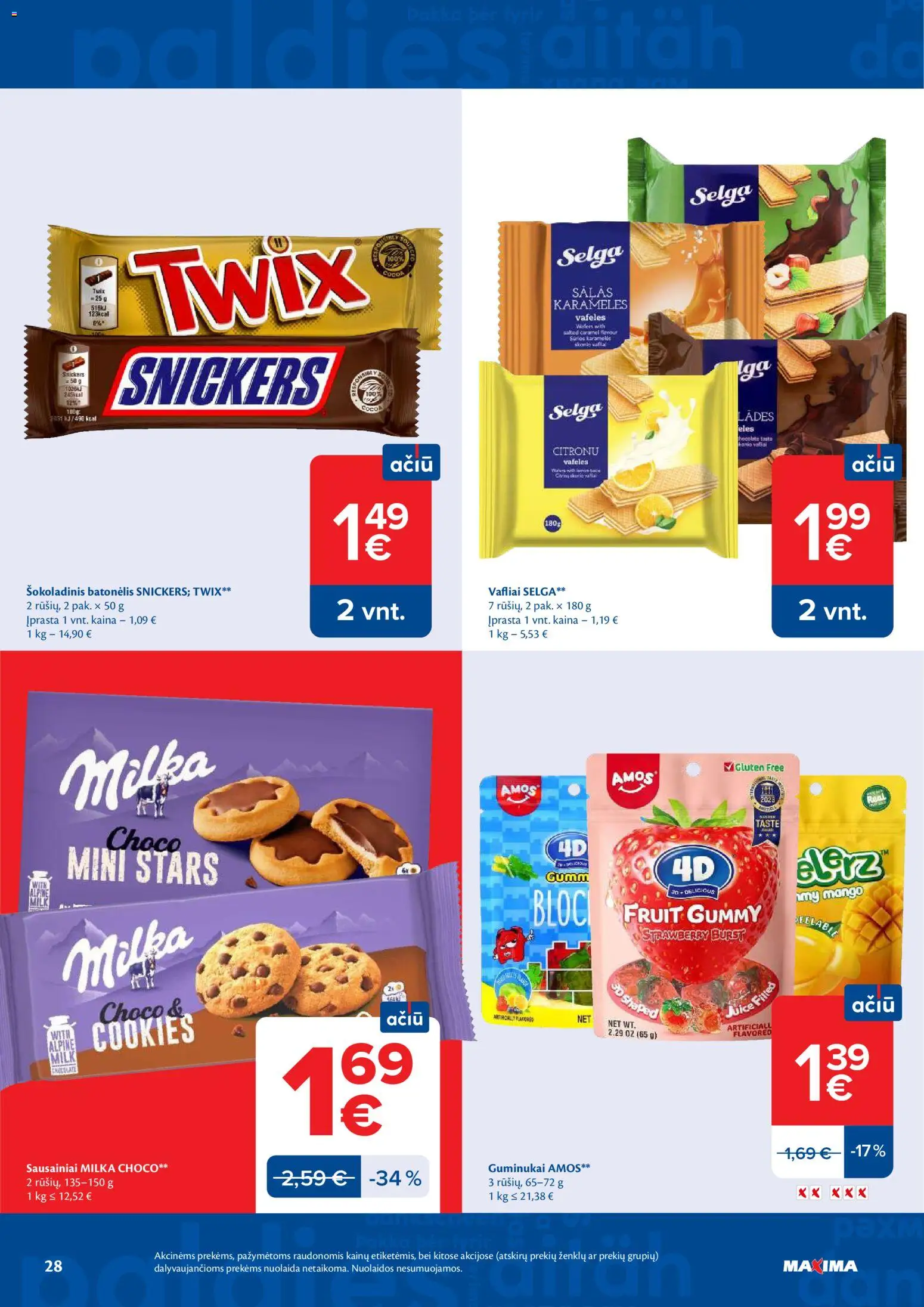 MAXIMA akcijos nuo 19.05.2026 | Puslapis: 28 | Prekių: Sausainiai, Vafliai, Guminukai, Šokoladinis batonėlis