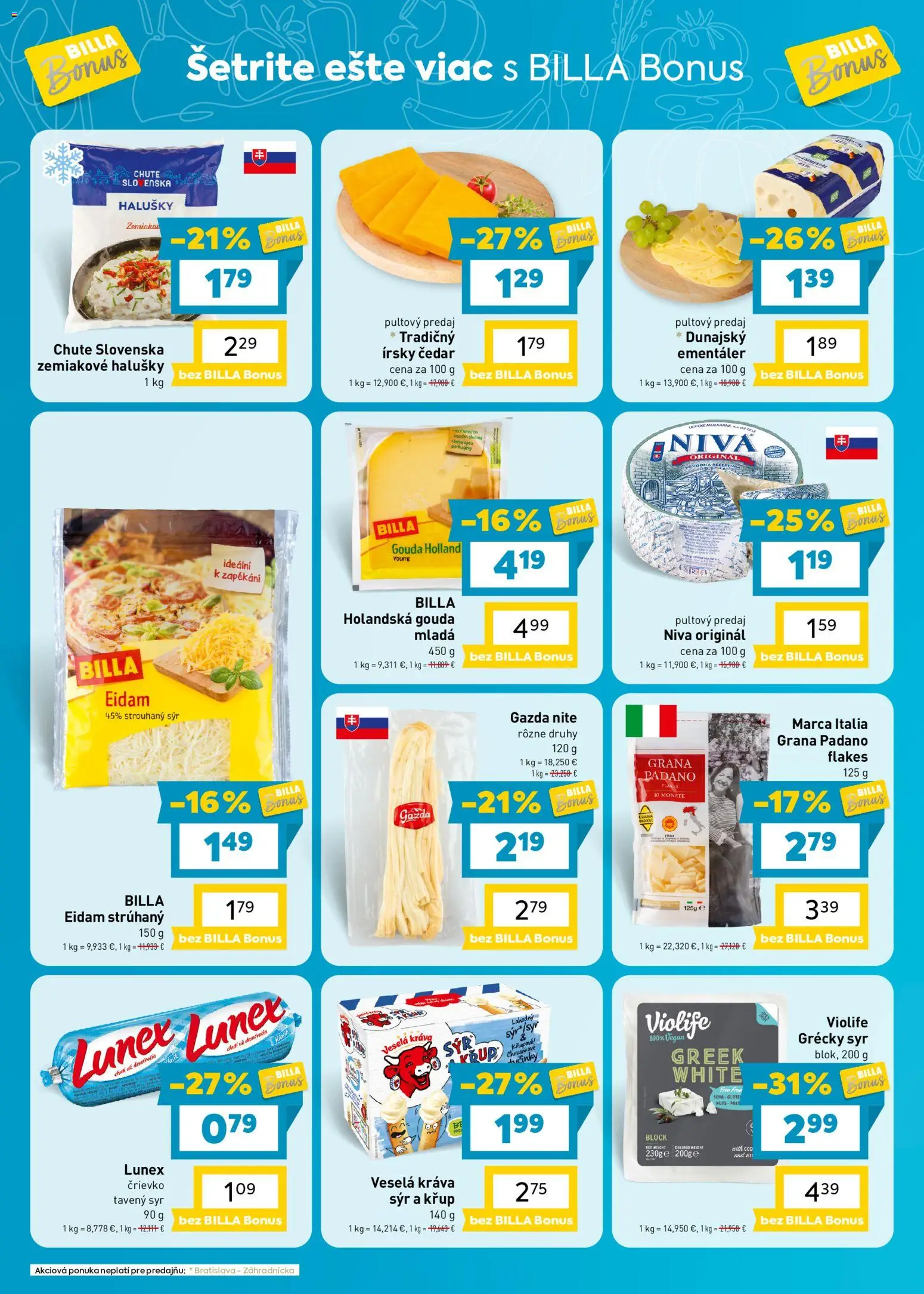 Nové Billa akcie – leták je platný od 28.10.2026 | Strana: 4 | Produkty: Cheddar, Eidam, Niva, Grana Padano