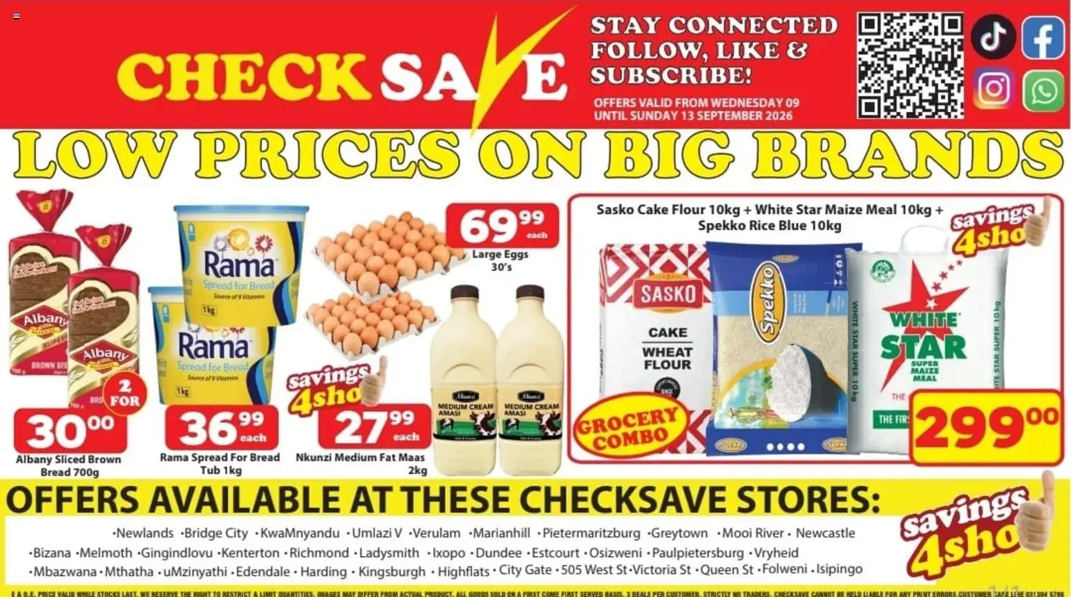 New Check Save catalogue – valid from 09/09/2026 | Page: 1 | Products: Maize meal, Bread, Rice, Cream