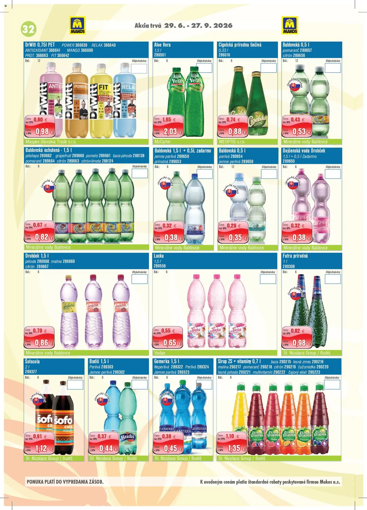 Nové Makos akcie – leták je platný od 29.06.2026 | Strana: 32 | Produkty: Lucka, Voda, Mango, Pomelo