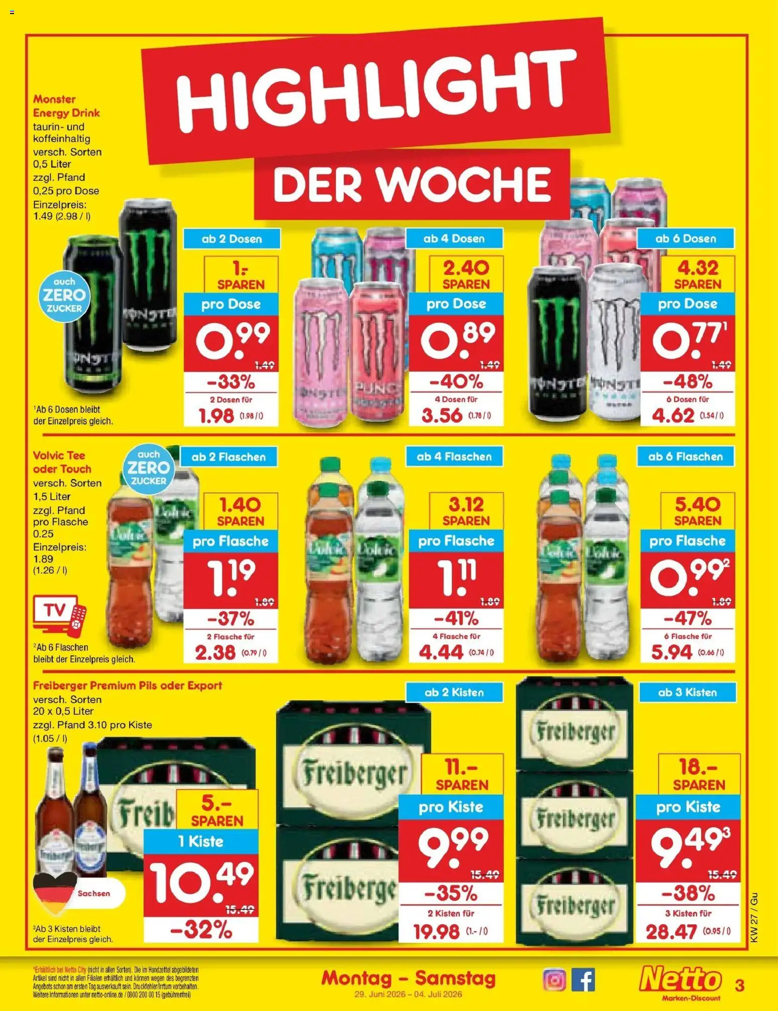 Netto Marken-Discount Prospekt Machern – gültig ab 29.06.2026 | Seite: 3 | Produkte: Pils, Volvic tee, Monster, Tee