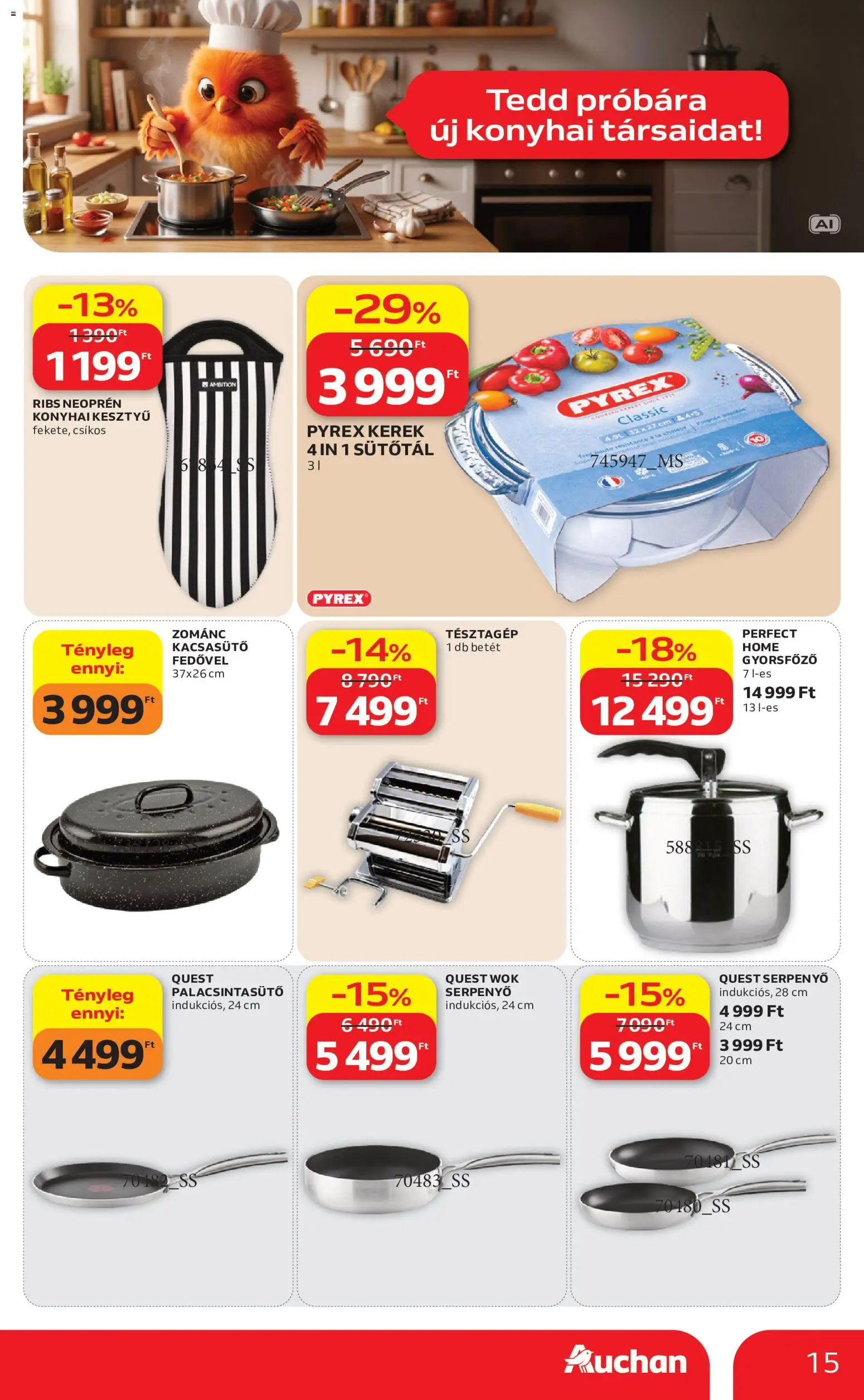 Auchan akciós ujság - amely érvényes a következő dátumtól: 2026.09.10. | Oldal: 15 | Termékek: Kesztyű, Wok, Palacsintasütő, Serpenyő
