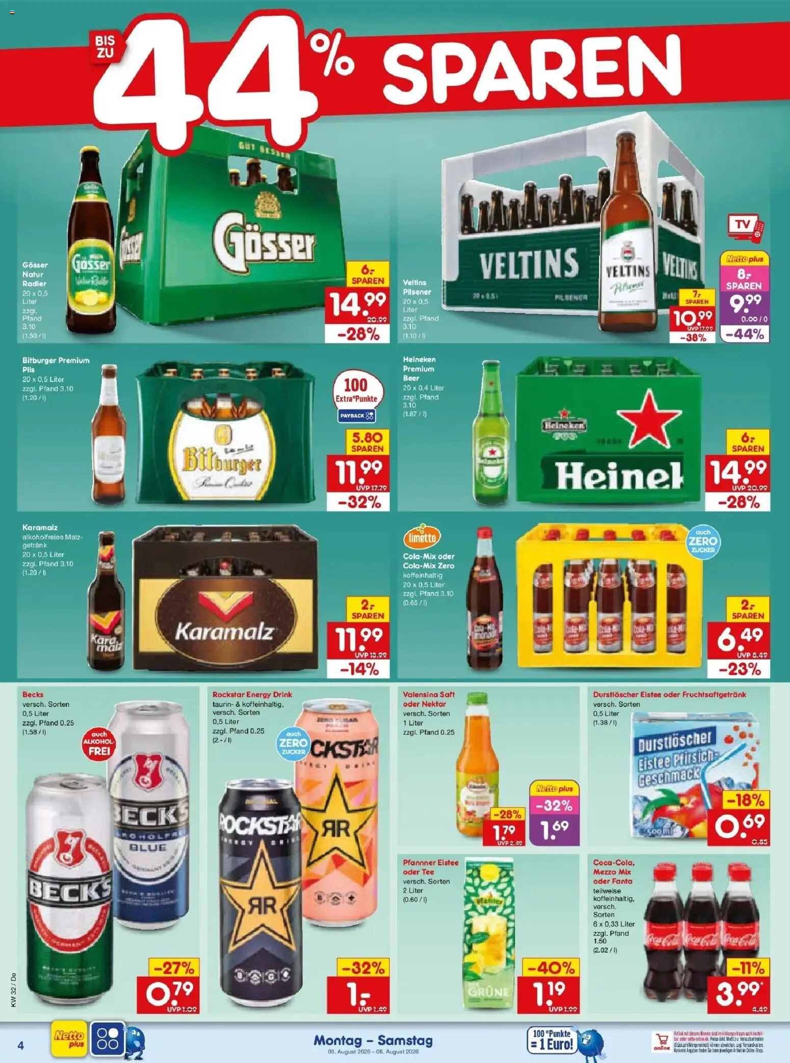 Netto Marken-Discount Prospekt Buttenwiesen – gültig ab 03.08.2026 | Seite: 8 | Produkte: Rockstar energy, Mezzo mix, Heineken, Saft