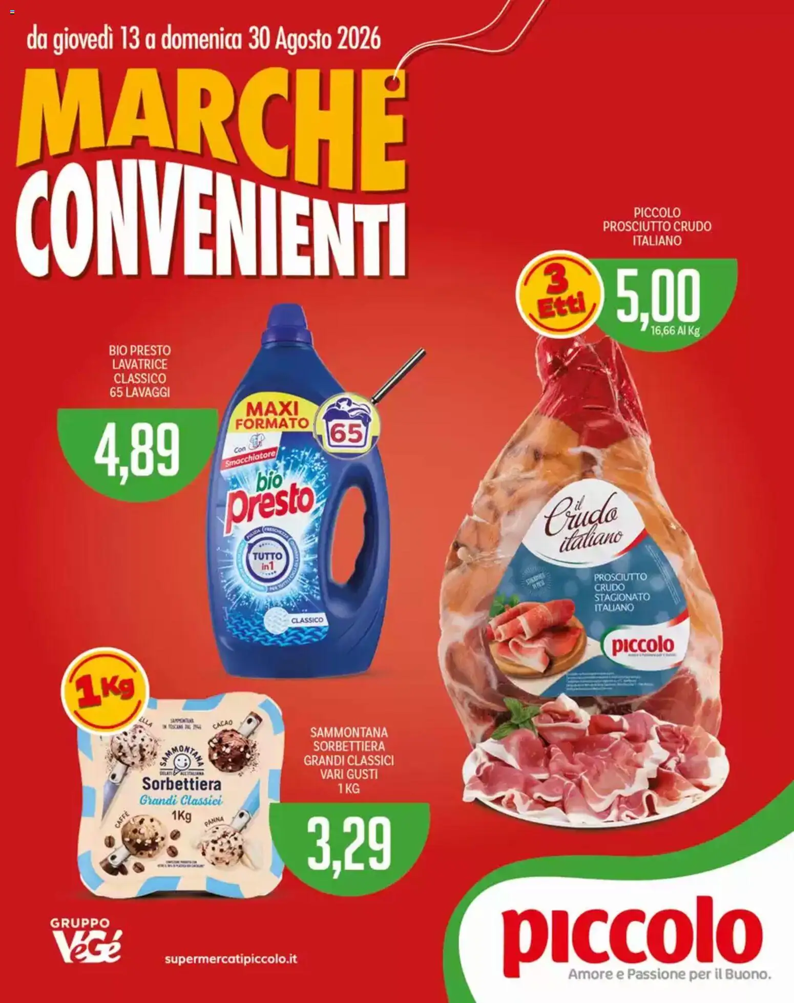 Volantino Piccolo del 13/08/2026 | Pagina: 1 | Prodotti: Caffè, Prosciutto, Lavatrice, Cacao