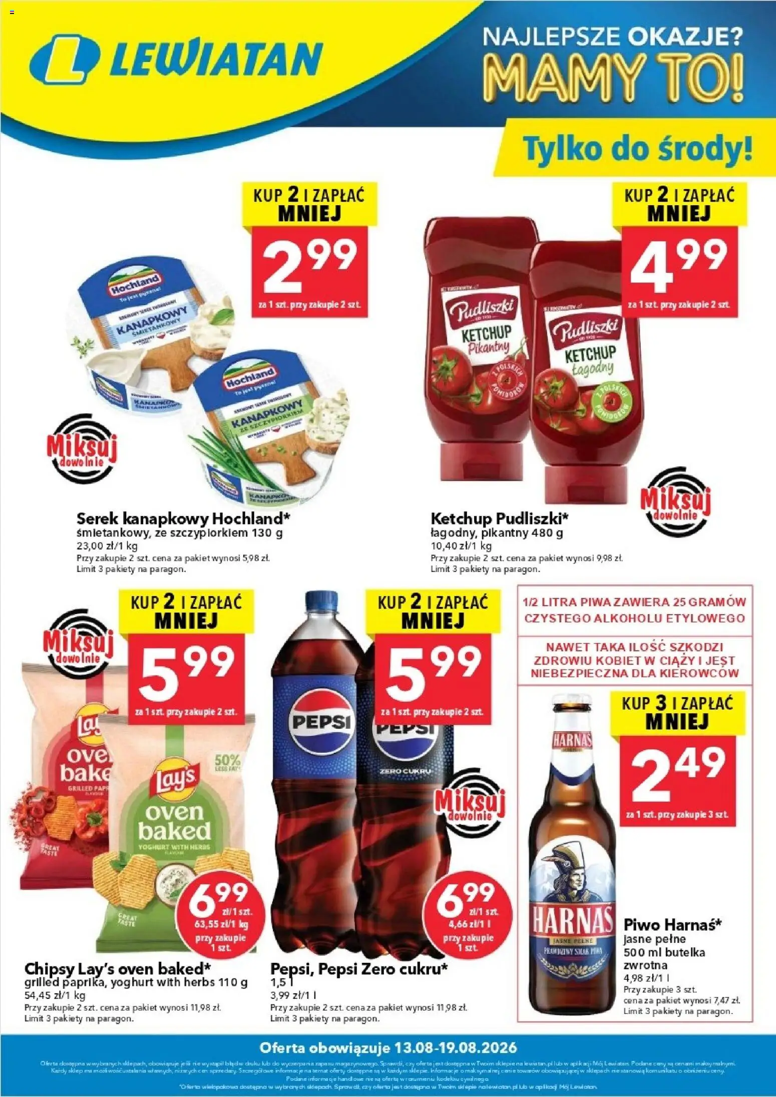Lewiatan gazetka - W wielopakach taniej od 13.08.2026 | Strona: 1 | Produkty: Chipsy, Serek, Ketchup pudliszki, Piwo