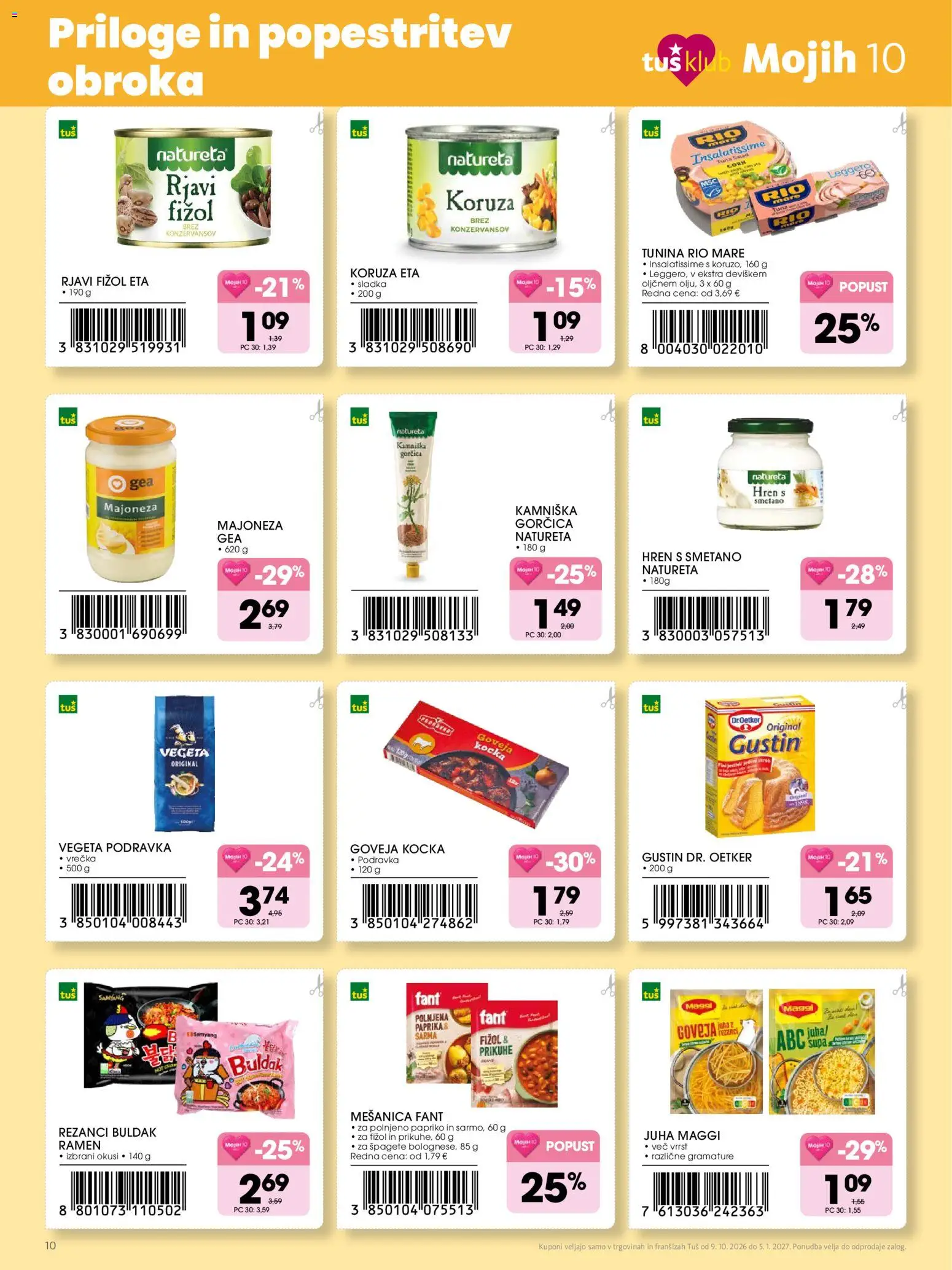 Novi Tuš katalog ponudbe – veljaven od 09.10.2026 | Stran: 10 | Izdelki: Koruza, Gorčica, Hren, Majoneza