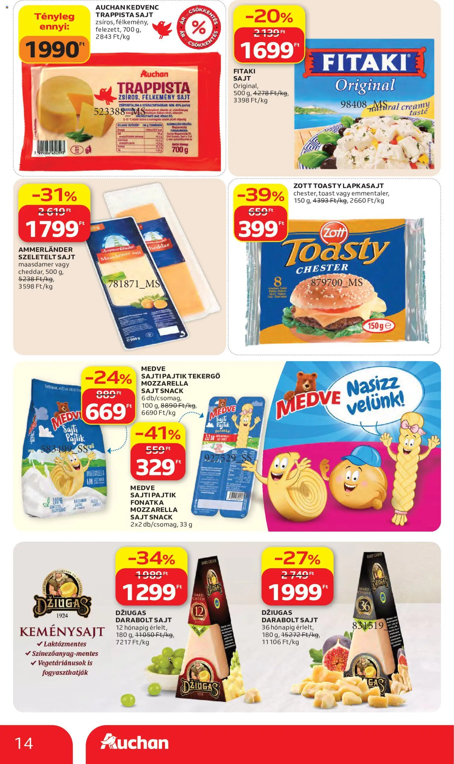 Auchan akciós ujság - amely érvényes a következő dátumtól: 28.05.2026 | Oldal: 14 | Termékek: Mozzarella, Sajt, Szeletelt sajt, Trappista sajt