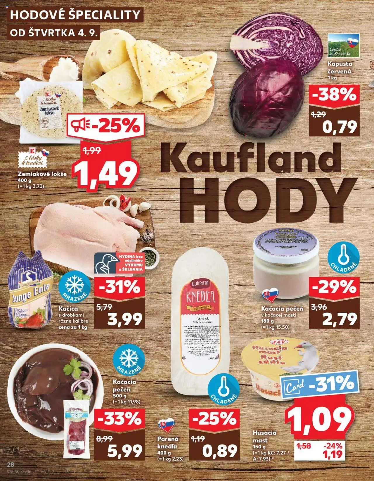 Nové Kaufland akcie – leták je platný od 04.09.2025 | Strana: 28 | Produkty: Kapusta, Kapusta červená, Kačica, Pečeň