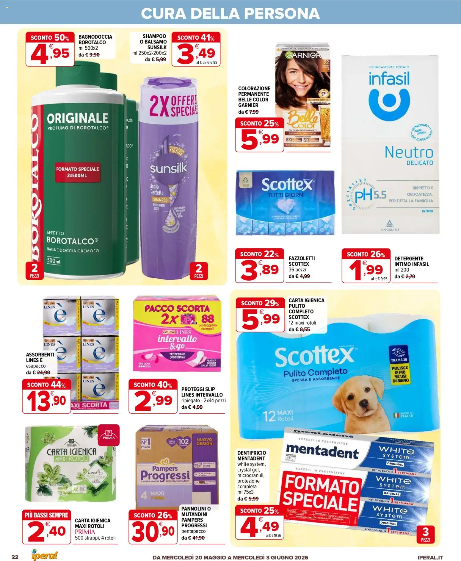 Volantino Iperal del 20.05.2026 | Pagina: 22 | Prodotti: Shampoo, Proteggi slip, Detergente intimo, Detergente