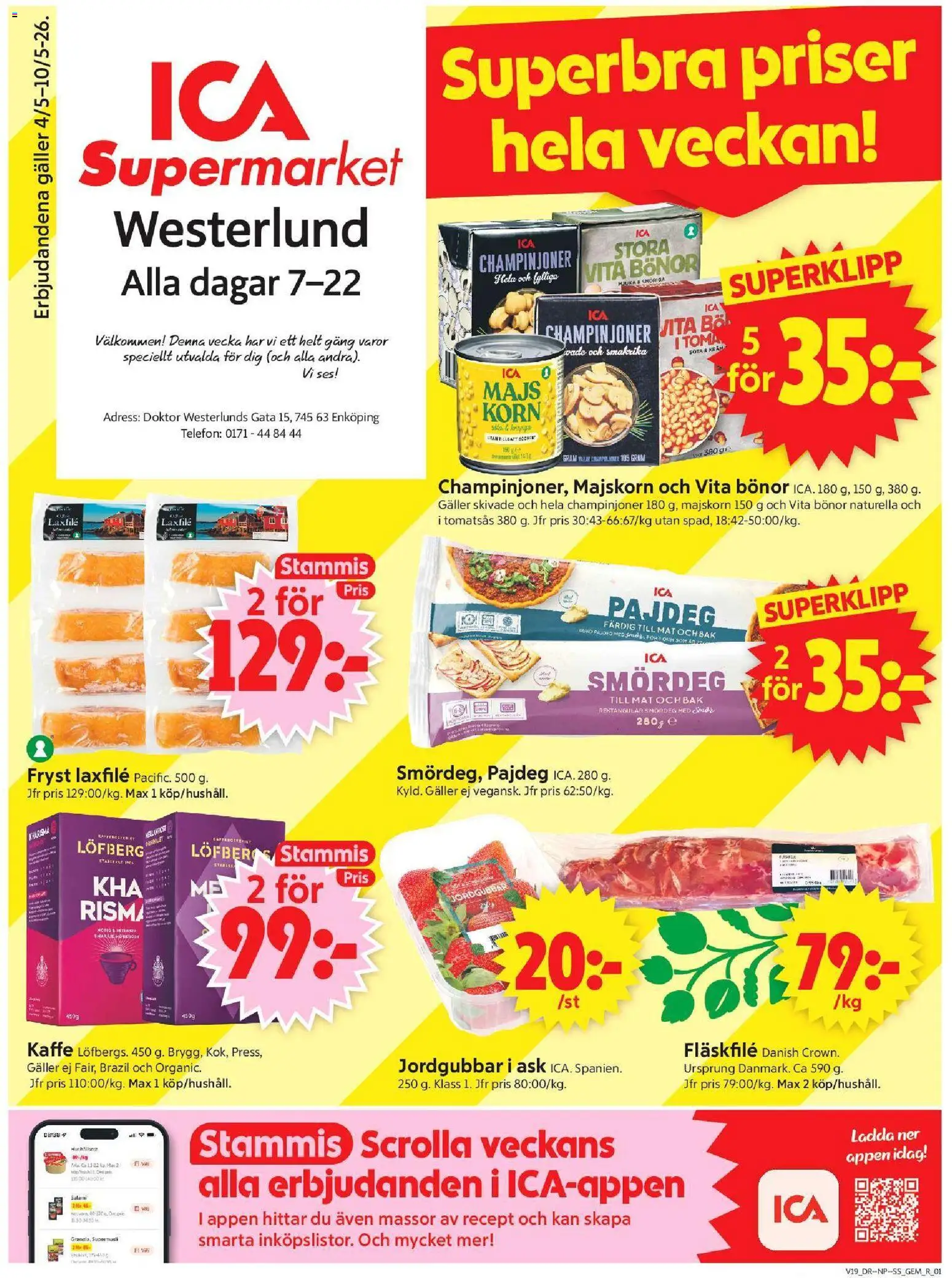 ICA Supermarket reklamblad aktuell från 04.05.2026 | Sida: 1 | Produkter: Kaffe, Champinjoner, Kräm, Tomatsås
