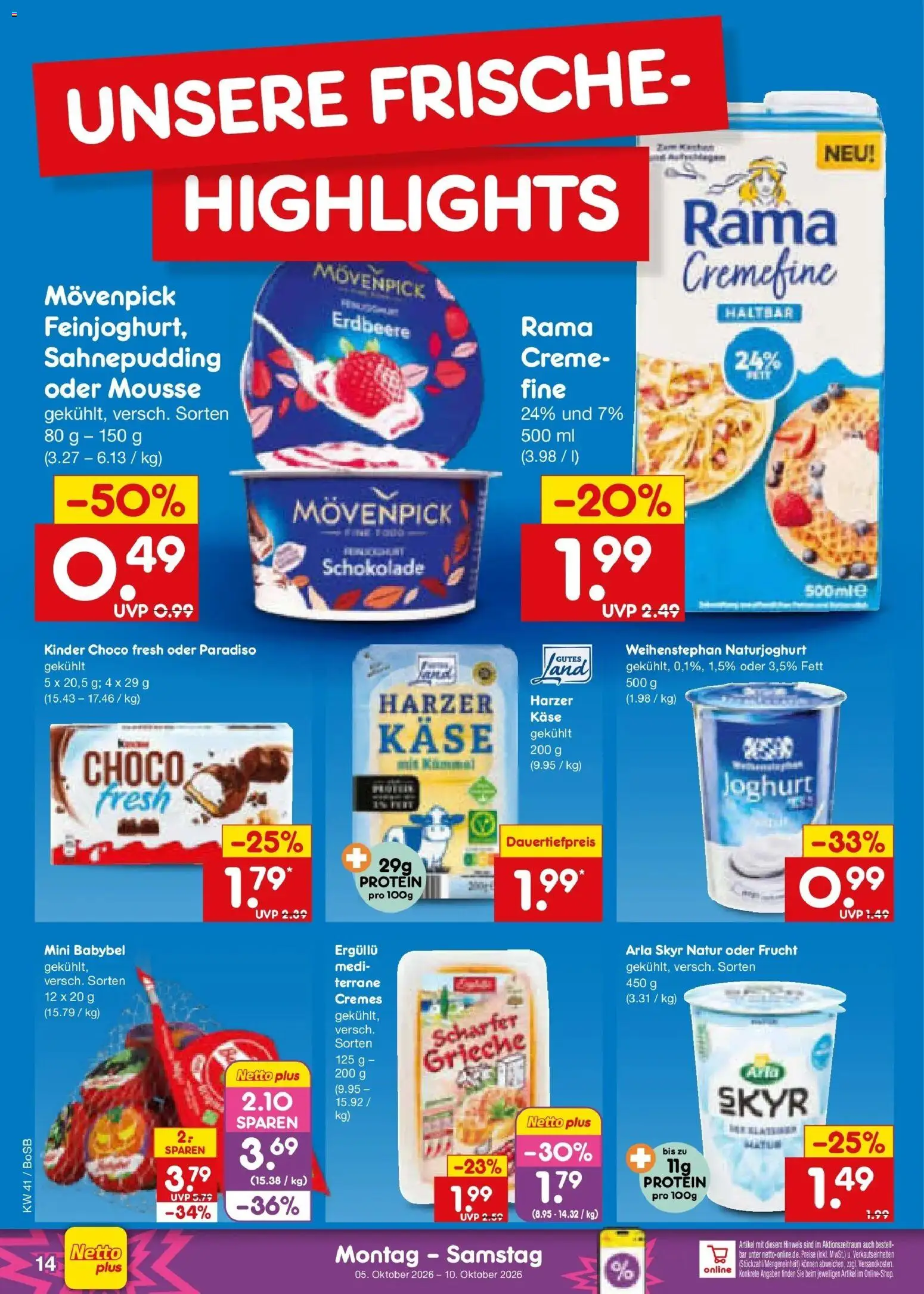 Netto Marken-Discount Prospekt Bochum – gültig ab 05.10.2026 | Seite: 14 | Produkte: Käse, Joghurt, Creme, Arla skyr