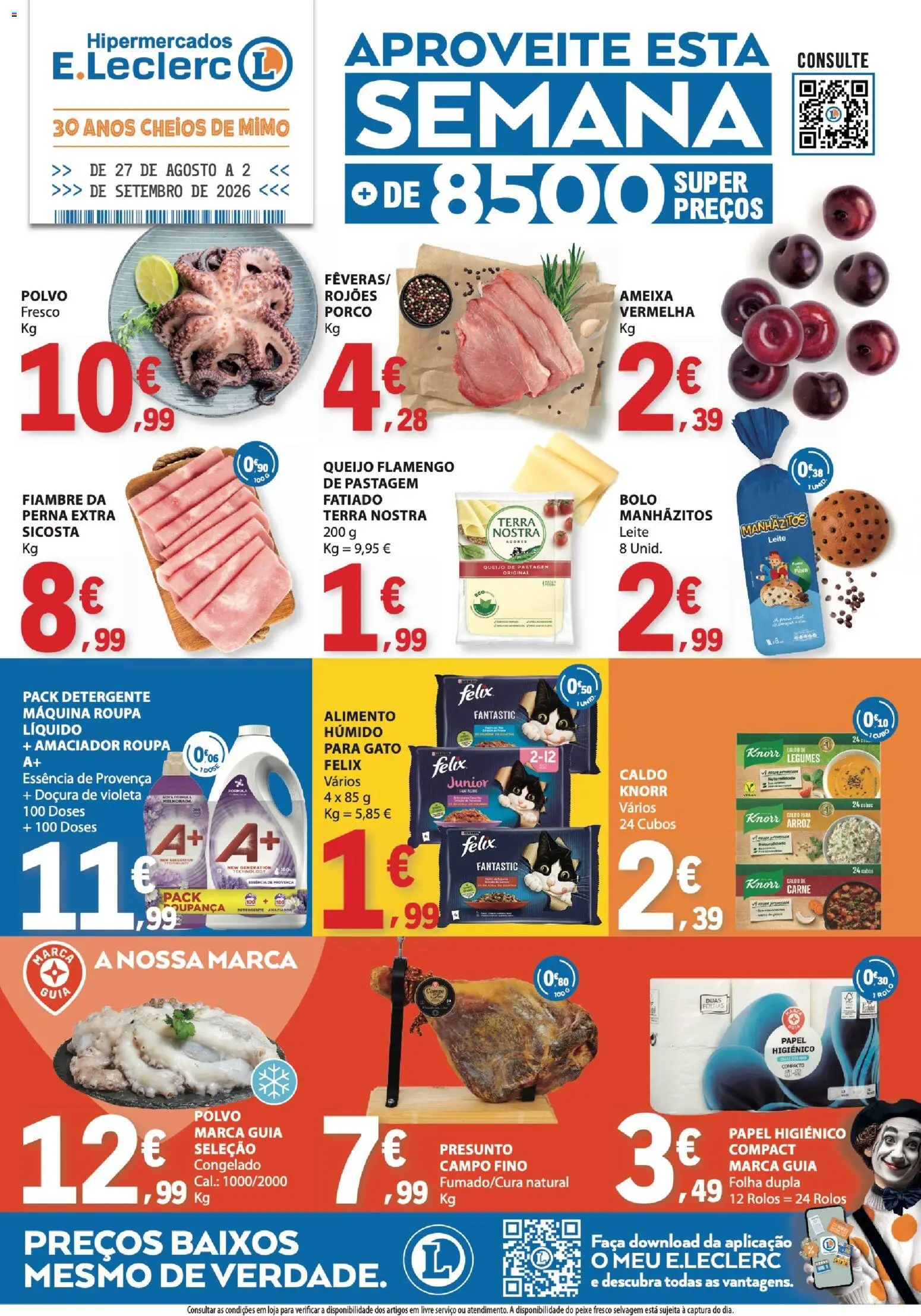 E.Leclerc folheto │ válido de 27/08/2026 | Página: 1 | Produtos: Papel higiénico, Legumes, Manhãzitos, Leite