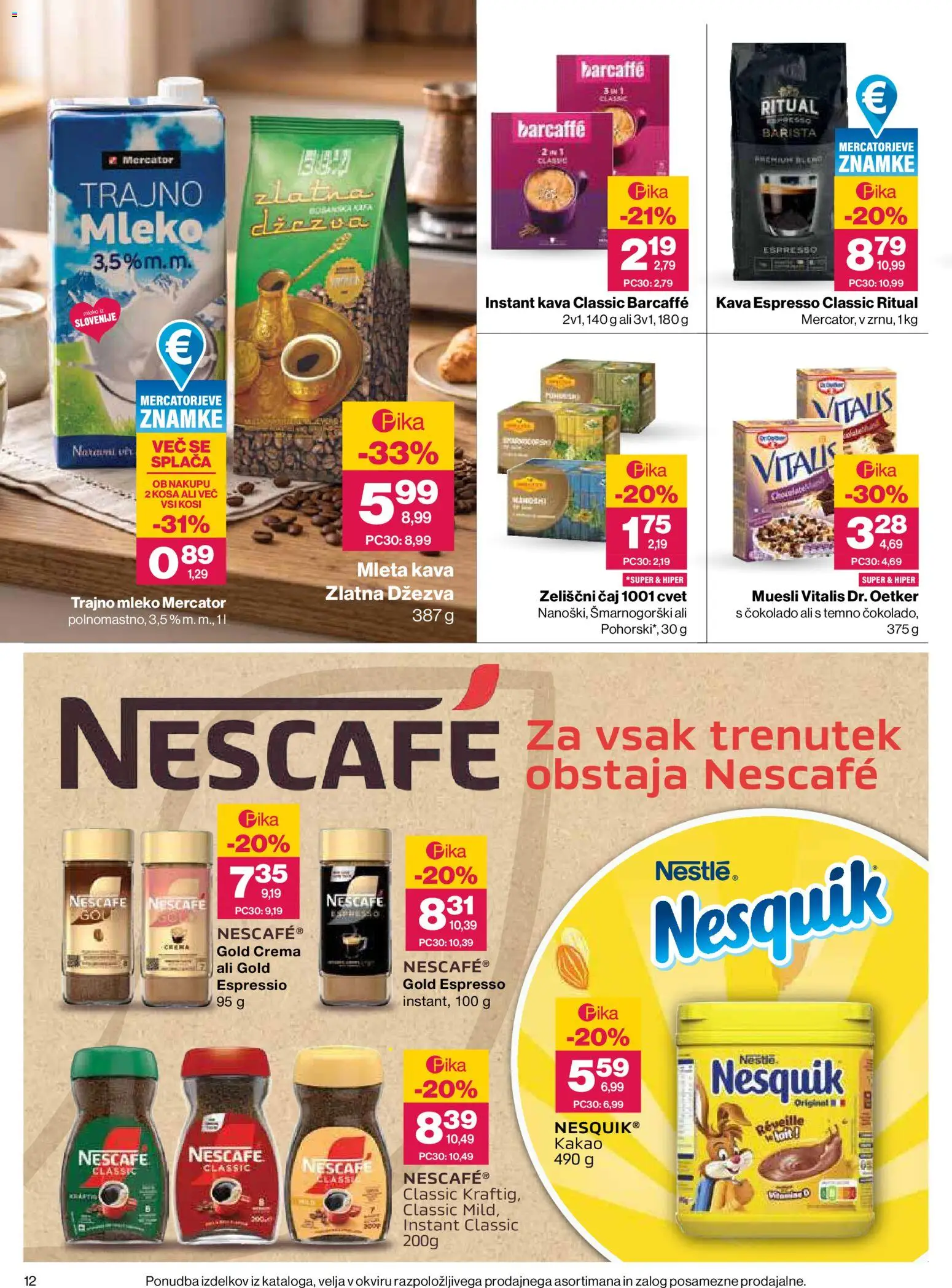 Novi Mercator katalog ponudbe – veljaven od 22.10.2026 | Stran: 12 | Izdelki: Trajno mleko, Mleko, Kava, Caj