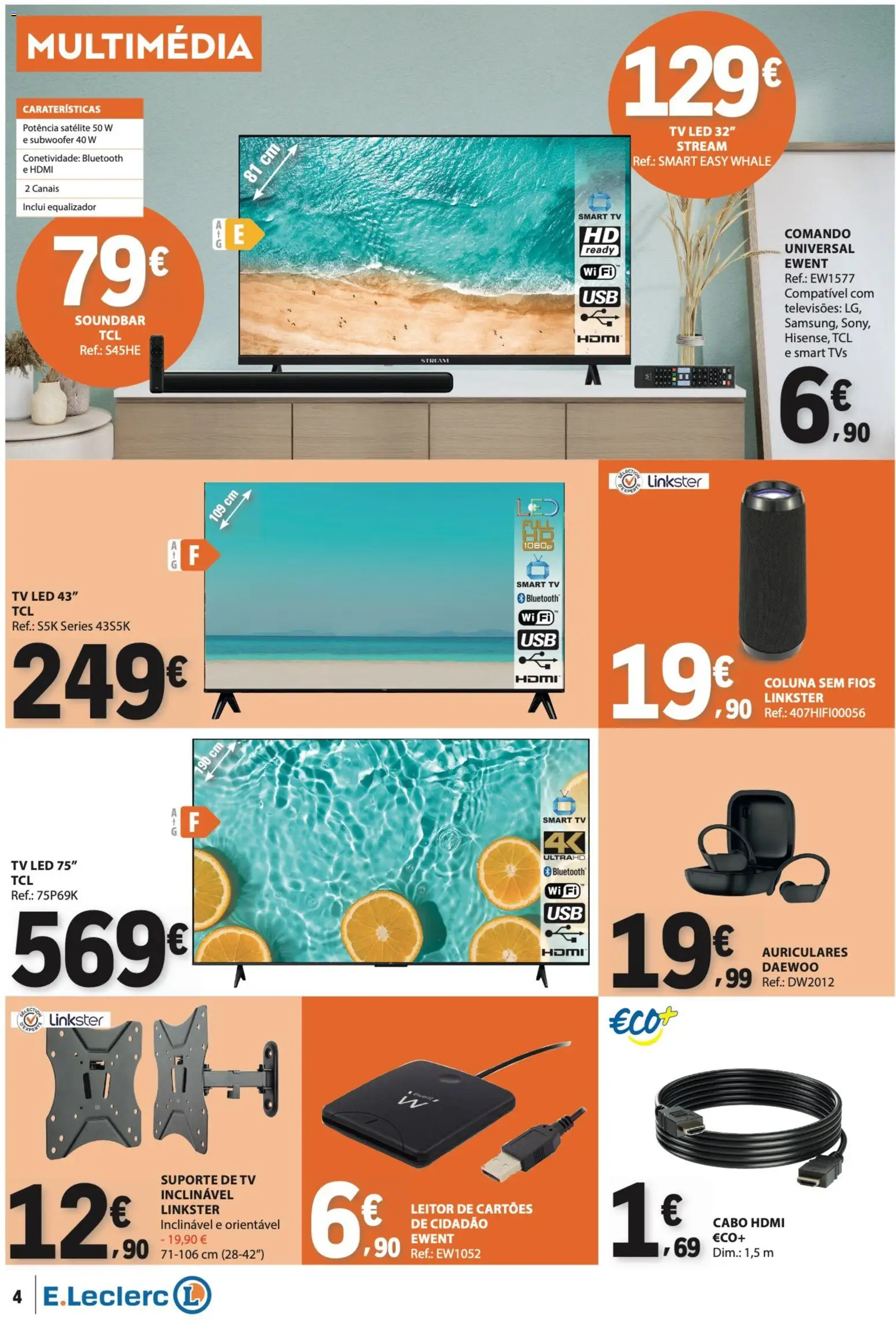 E.Leclerc folheto Não Alimentar │ válido de 02/07/2026 | Página: 4 | Produtos: Cabo, Tv led, Soundbar, suporte de TV