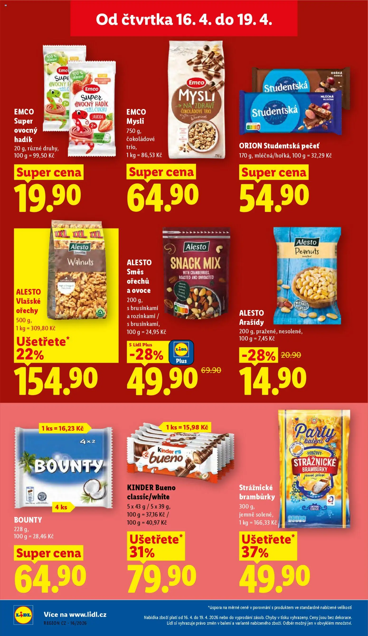 Lidl leták od 16.04.2026 | Strana: 22 | Produkty: Bramburky, Arašídy, Směs ořechů, Kinder Bueno