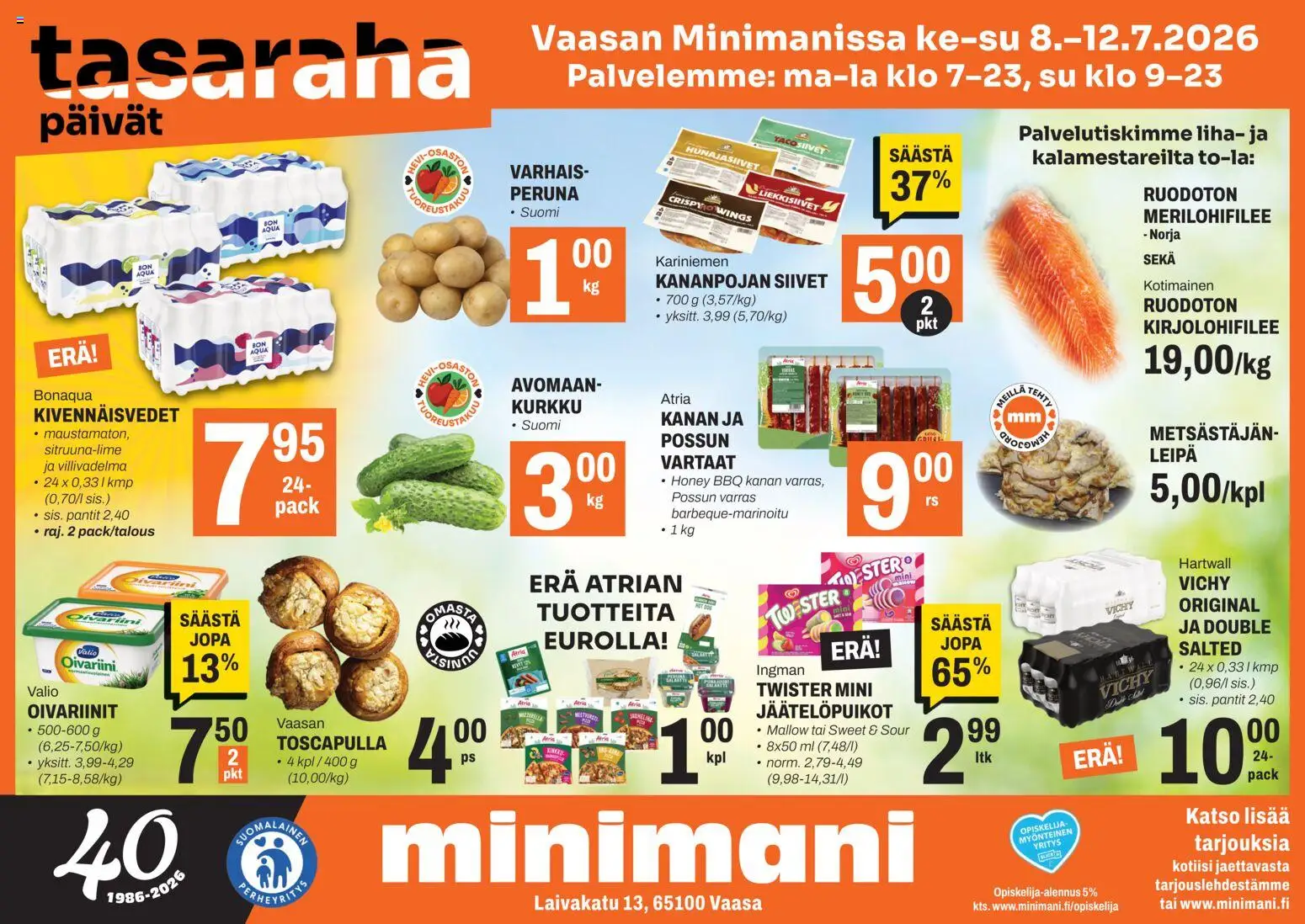 Minimani tarjoukset - Vaasa – voimassa 08/07/2026 alkaen | Sivu: 1 | Tuotteet: Vartaat, Peruna, Leipä, Kurkku