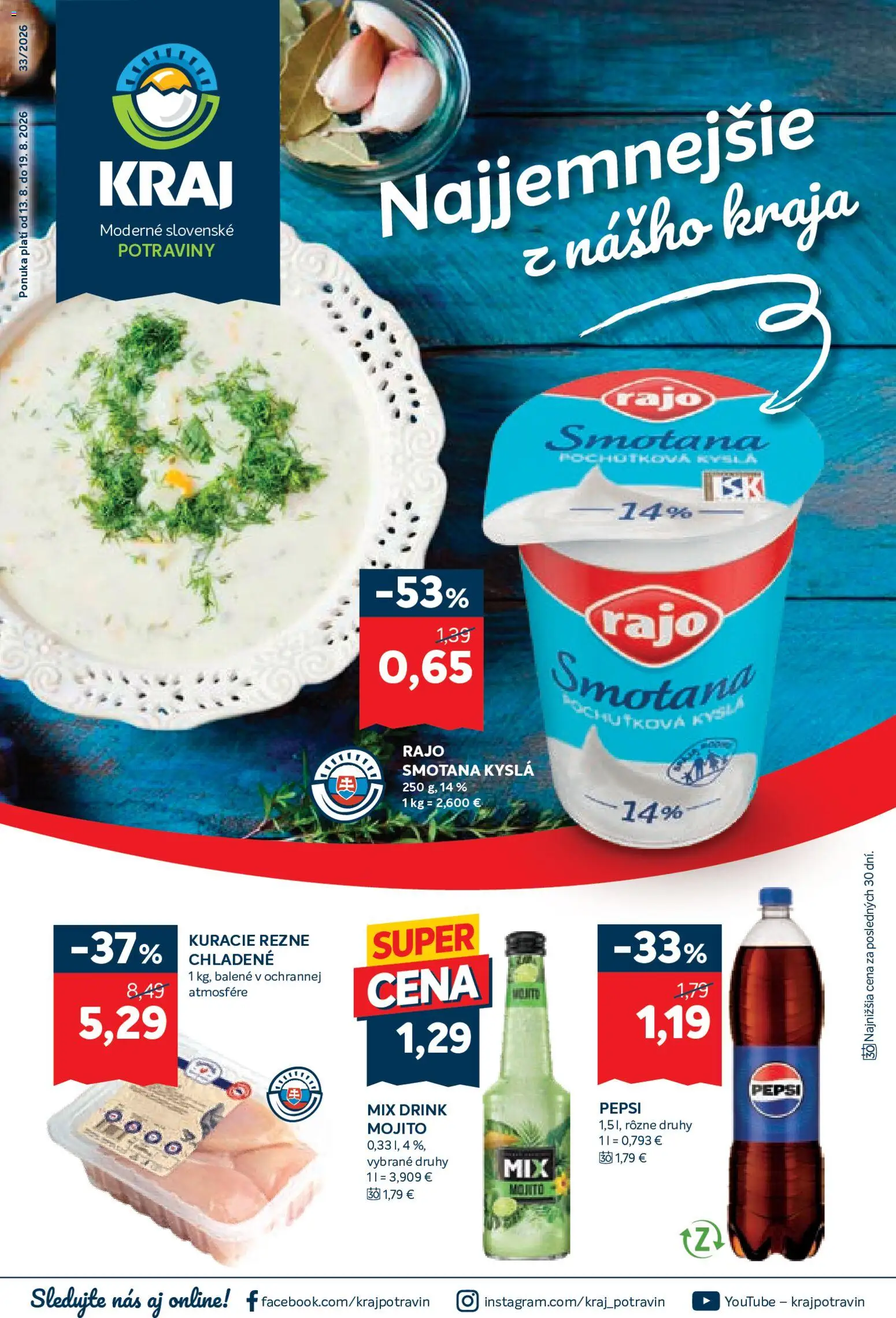 Nové Kraj akcie – leták je platný od 13.08.2026 | Strana: 1 | Produkty: Smotana, Kuracie rezne, Pepsi, Rezne