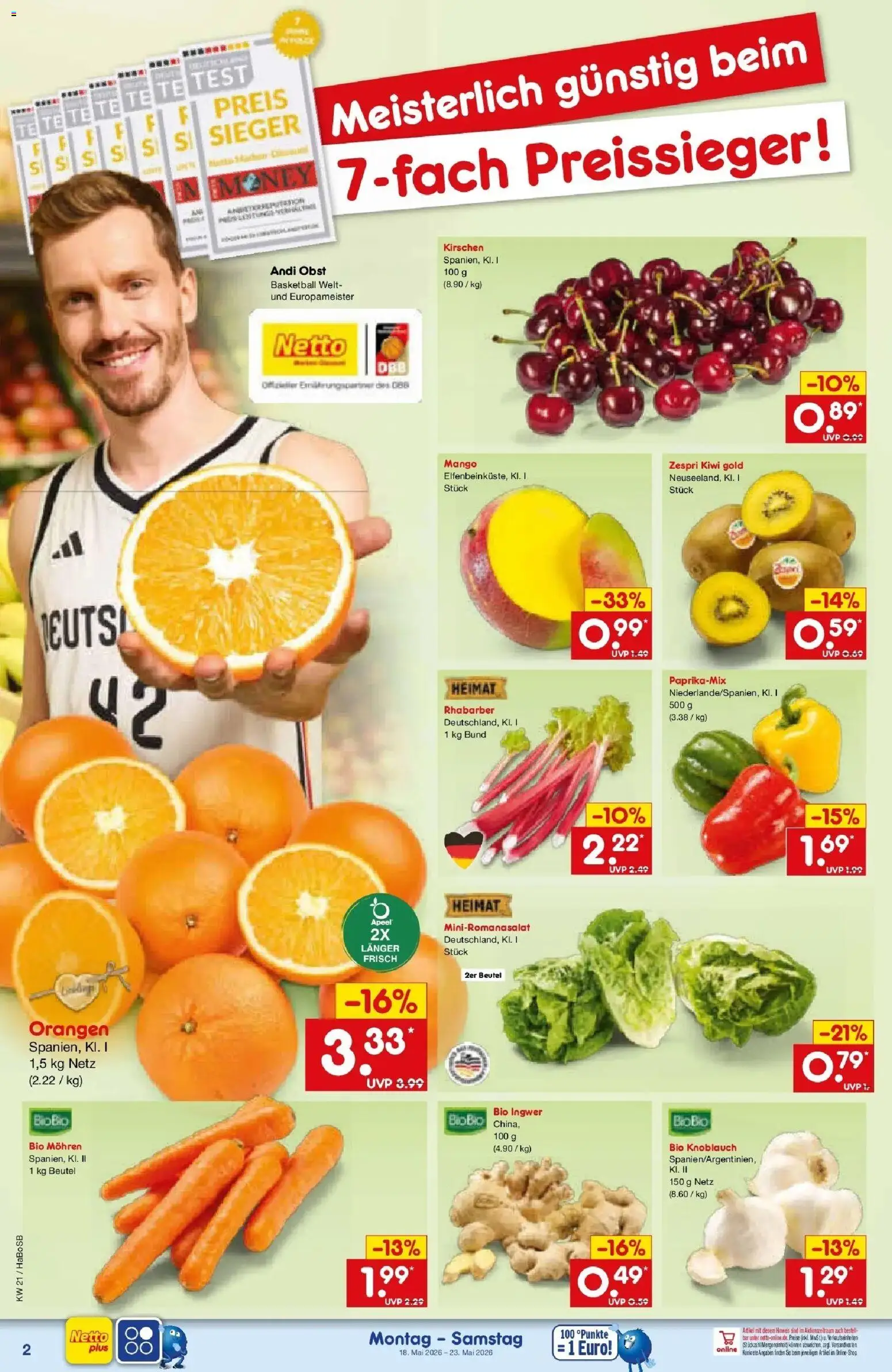 Netto Marken-Discount Prospekt Wuppertal	 – gültig ab 17.05.2026 | Seite: 2 | Produkte: Kirschen, Obst, Basketball, Knoblauch