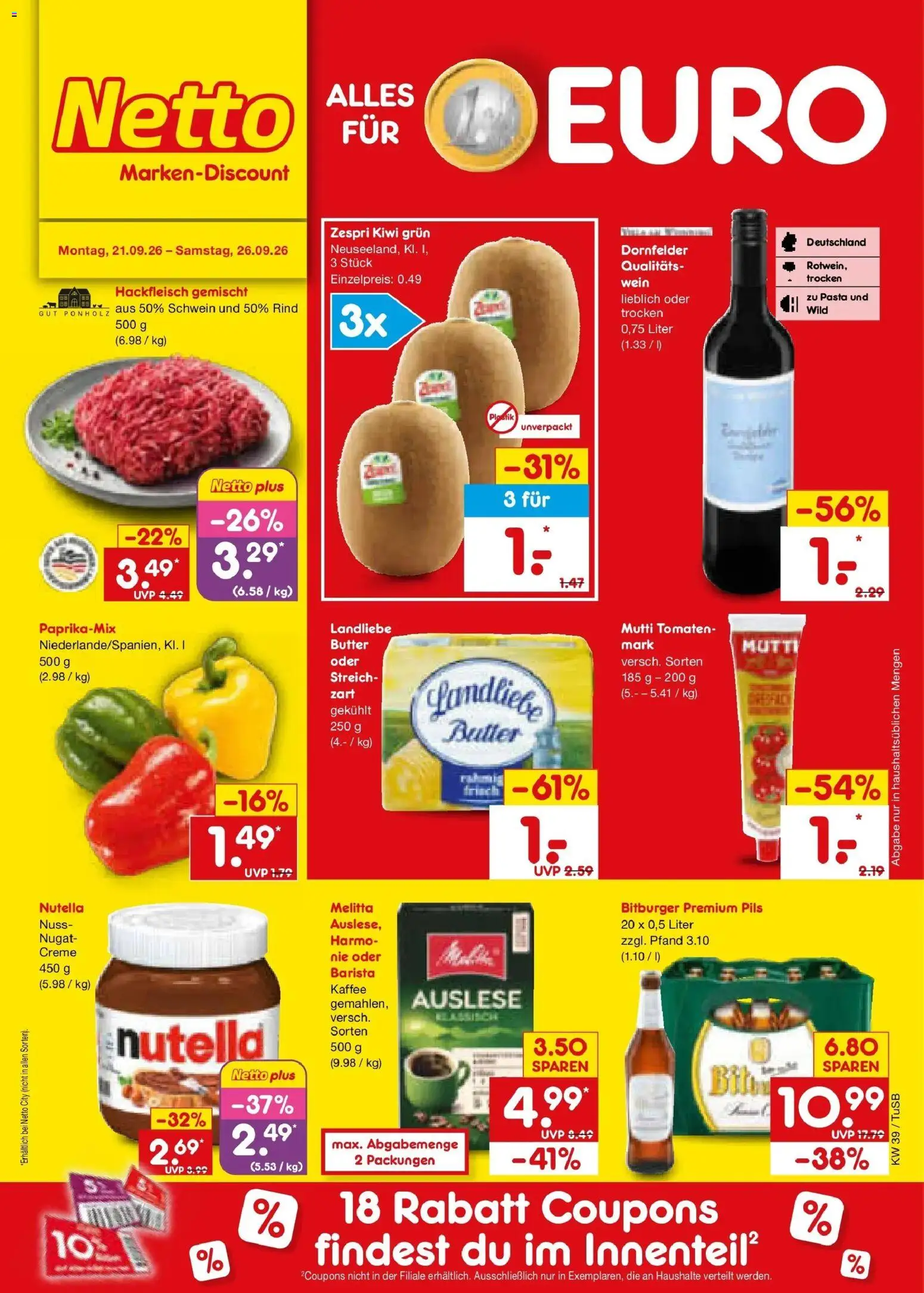 Netto Marken-Discount Prospekt Sindelfingen – gültig ab 21.09.2026 | Seite: 1 | Produkte: Kaffee, Pasta, Kiwi, Hackfleisch