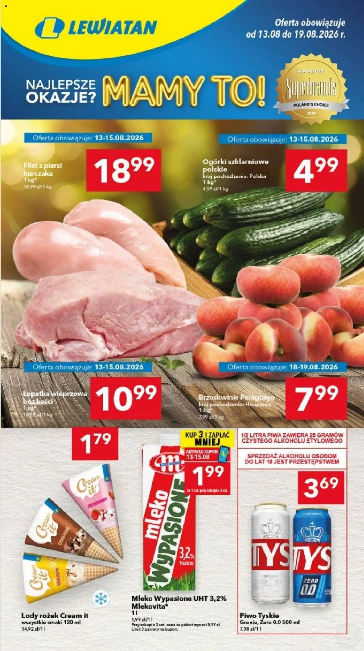 Lewiatan gazetka - Legnica od 13.08.2026 | Strona: 1 | Produkty: Piersi, Tyskie, Brzoskwinie, Ogórki