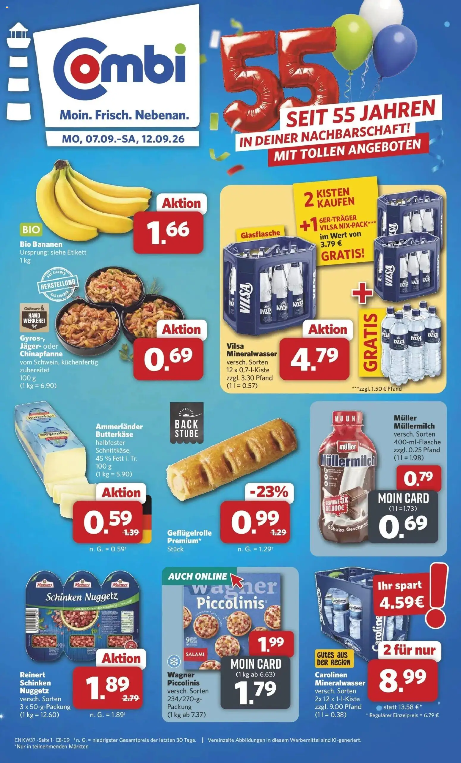 Combi Prospekt Detmold – gültig ab 07.09.2026 | Seite: 1 | Produkte: Bananen, Mineralwasser, Piccolinis, Müllermilch