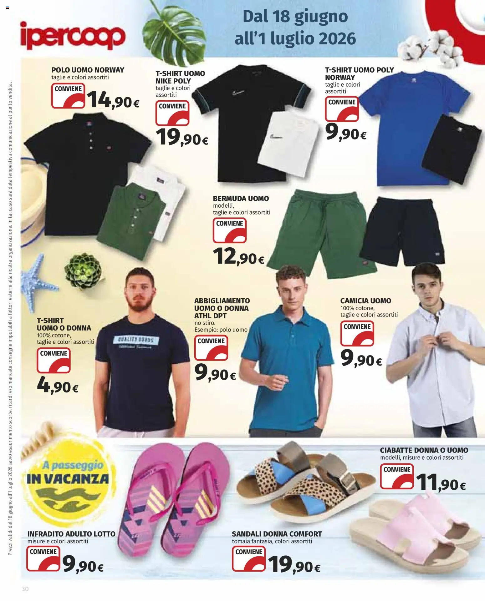 Volantino Ipercoop del 18.06.2026 | Pagina: 30 | Prodotti: Sandali, Bermuda, Data, Polo