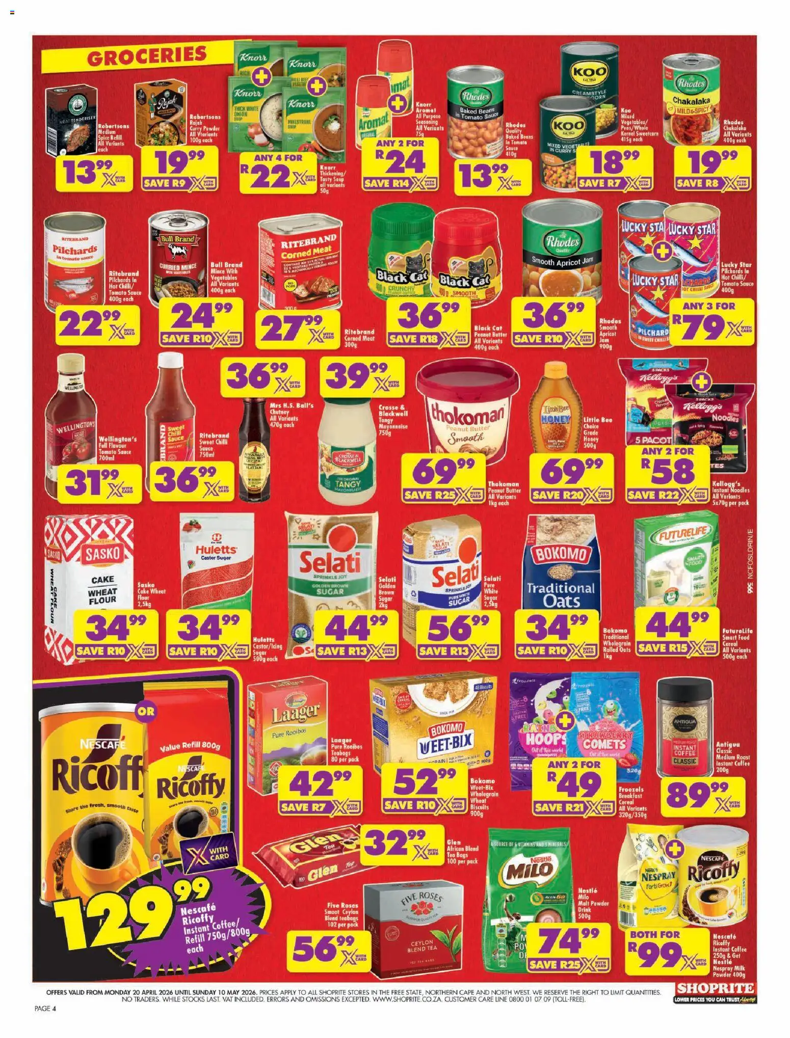 New Shoprite catalogue – valid from 20.04.2026 | Page: 4 | Products: Corned meat, Baked beans, Oats, Tea