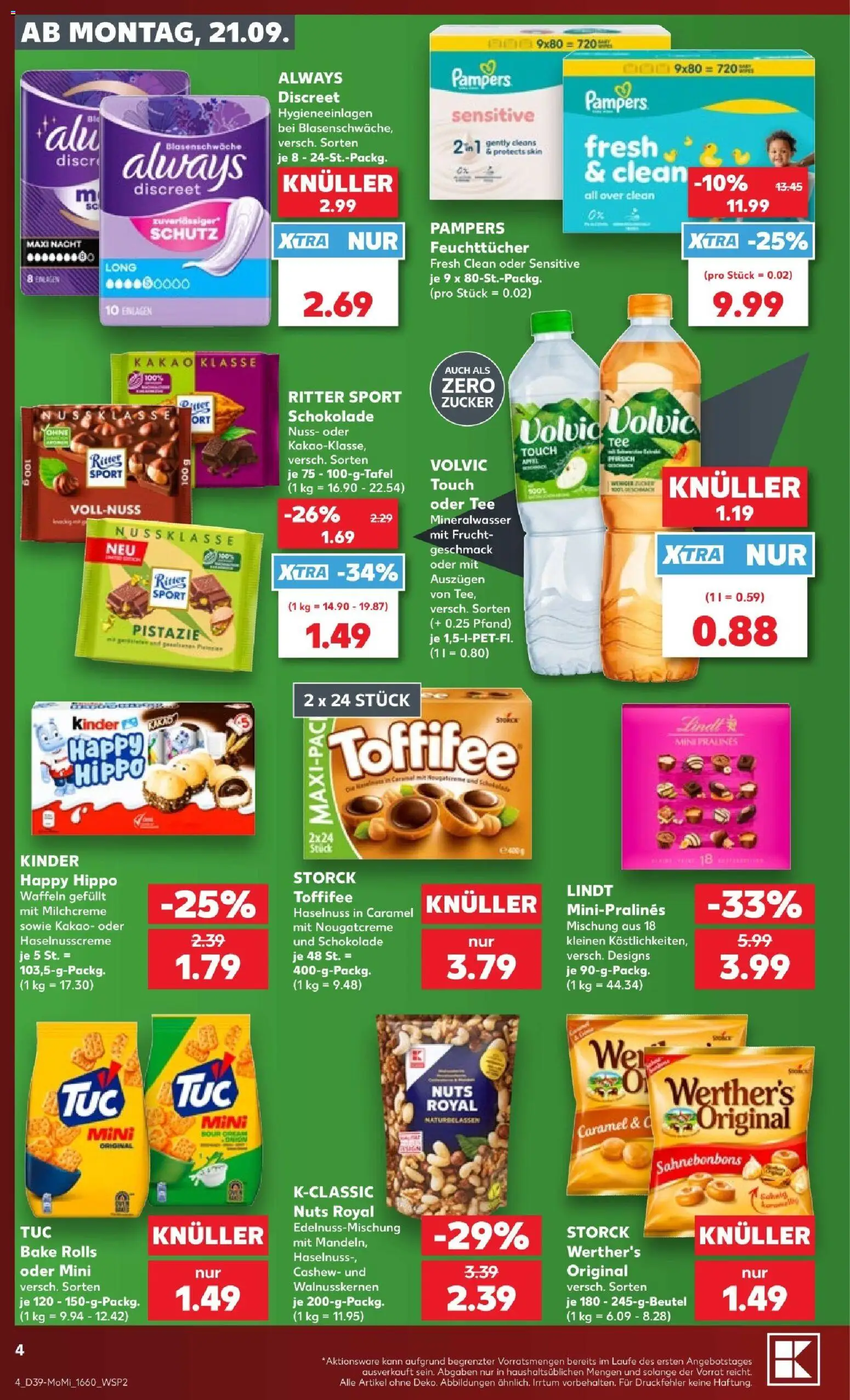 Kaufland Prospekt Frankfurt (Oder) – gültig ab 21.09.2026 | Seite: 4 | Produkte: Pampers, Zucker, Toffifee, Volvic