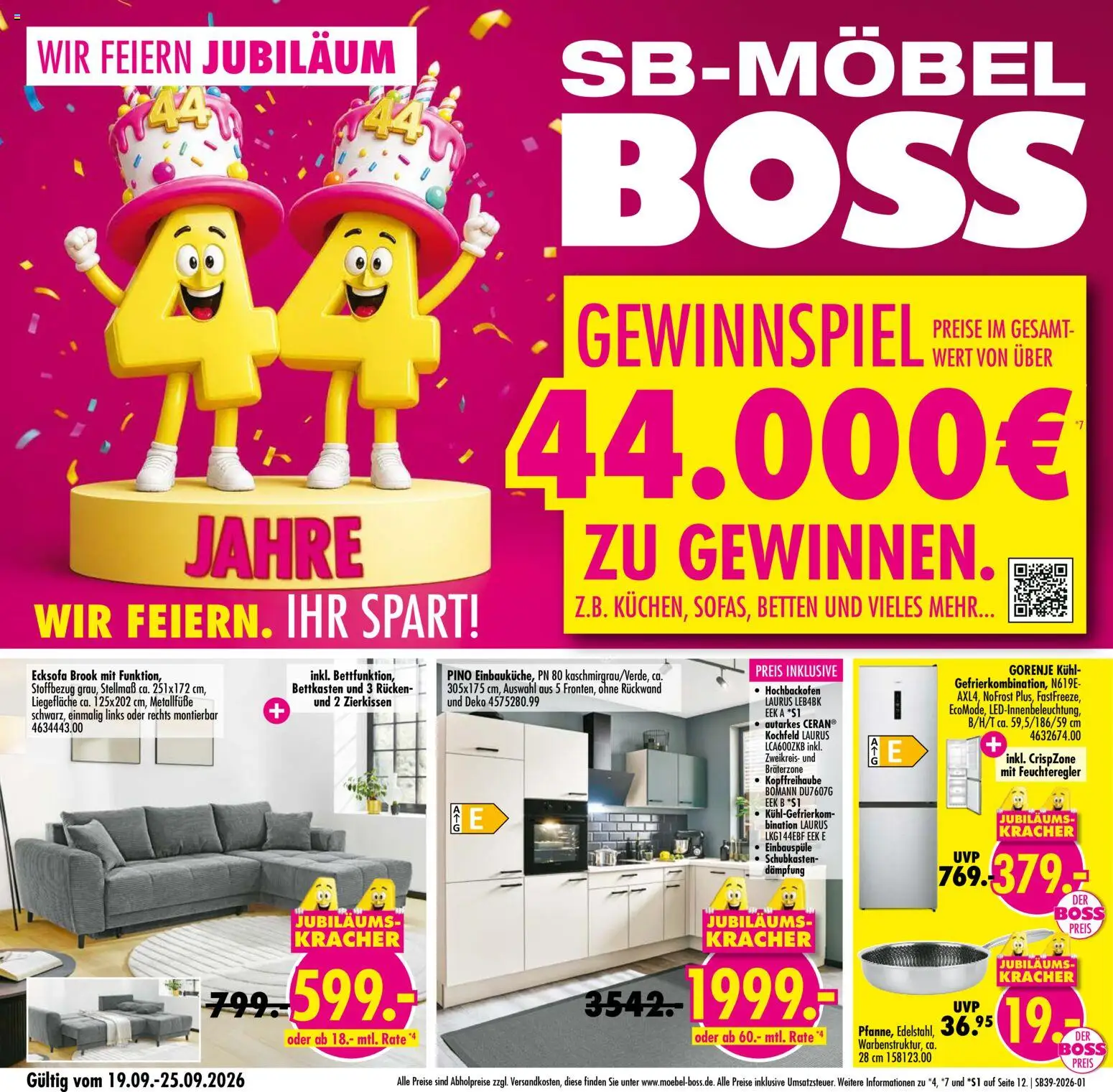 SB Möbel Boss Prospekt – gültig ab 19.09.2026 | Seite: 1 | Produkte: Gorenje, Ecksofa, Kochfeld