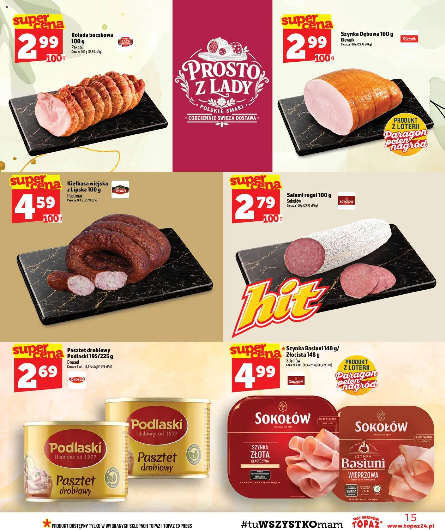 Topaz gazetka - MAZ od 24.09.2026 | Strona: 15 | Produkty: Rolada, Pasztet, Szynka, Salami