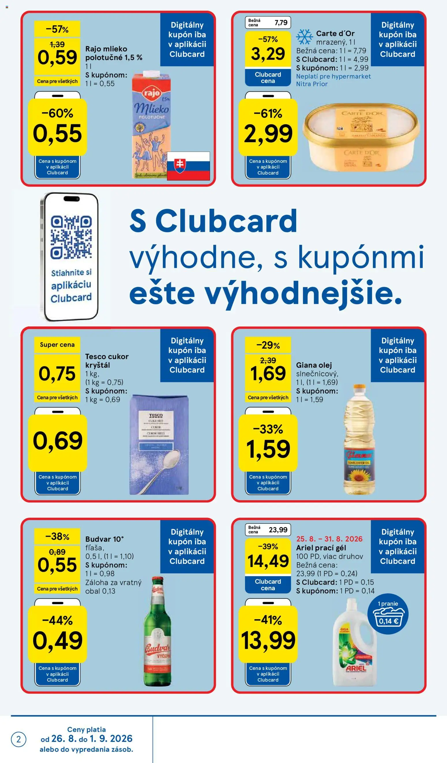 Nové Tesco akcie – leták je platný od 26.08.2026 | Strana: 2 | Produkty: Mlieko, Prací gél, Budvar, Mlieko polotučné