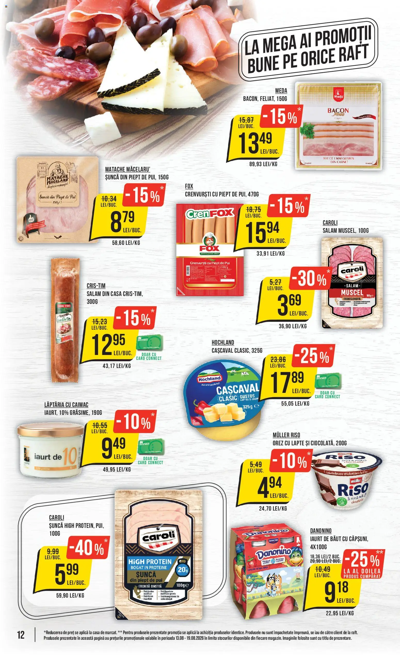 Noul catalog Mega Image – valabil de la 13.08.2026 | Pagină: 12 | Produse: Crenvurști, Salam, Danone, Orez