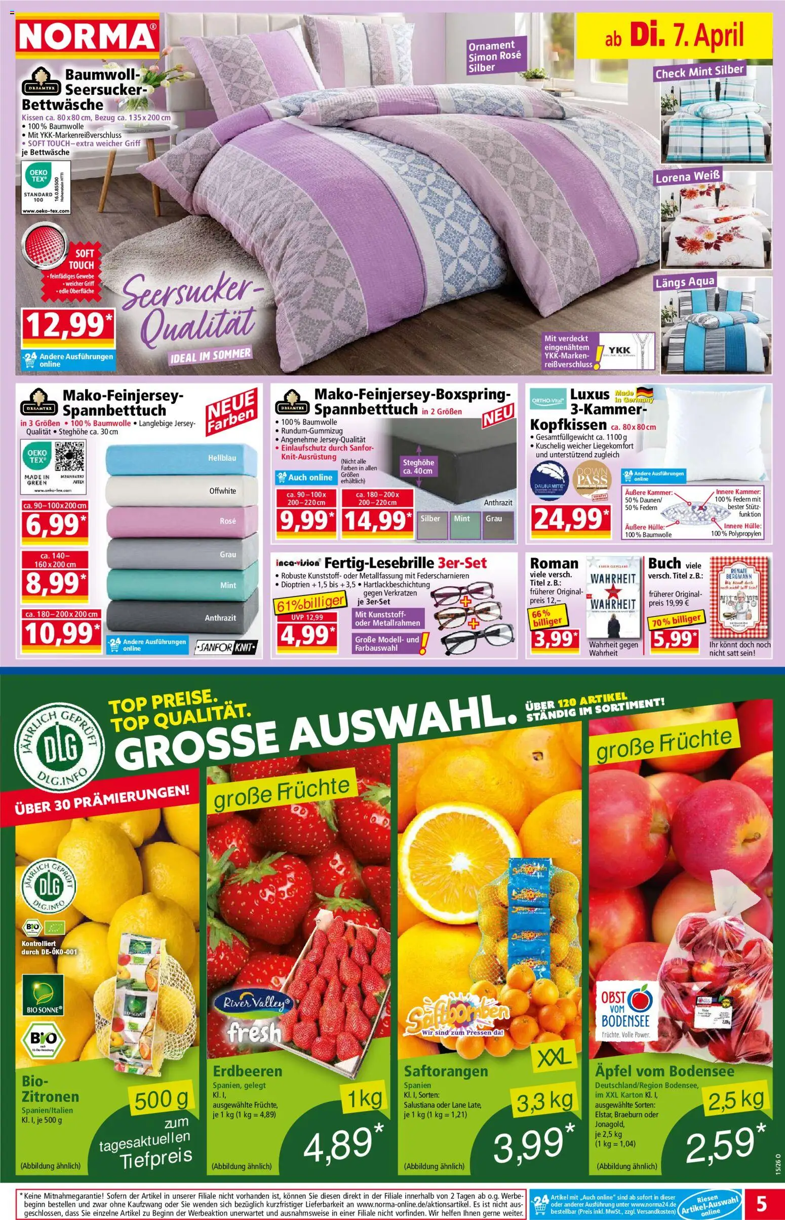 Norma Prospekt 	 – gültig ab 07.04.2026 | Seite: 5 | Produkte: Bettwäsche, Kopfkissen, Äpfel, Obst