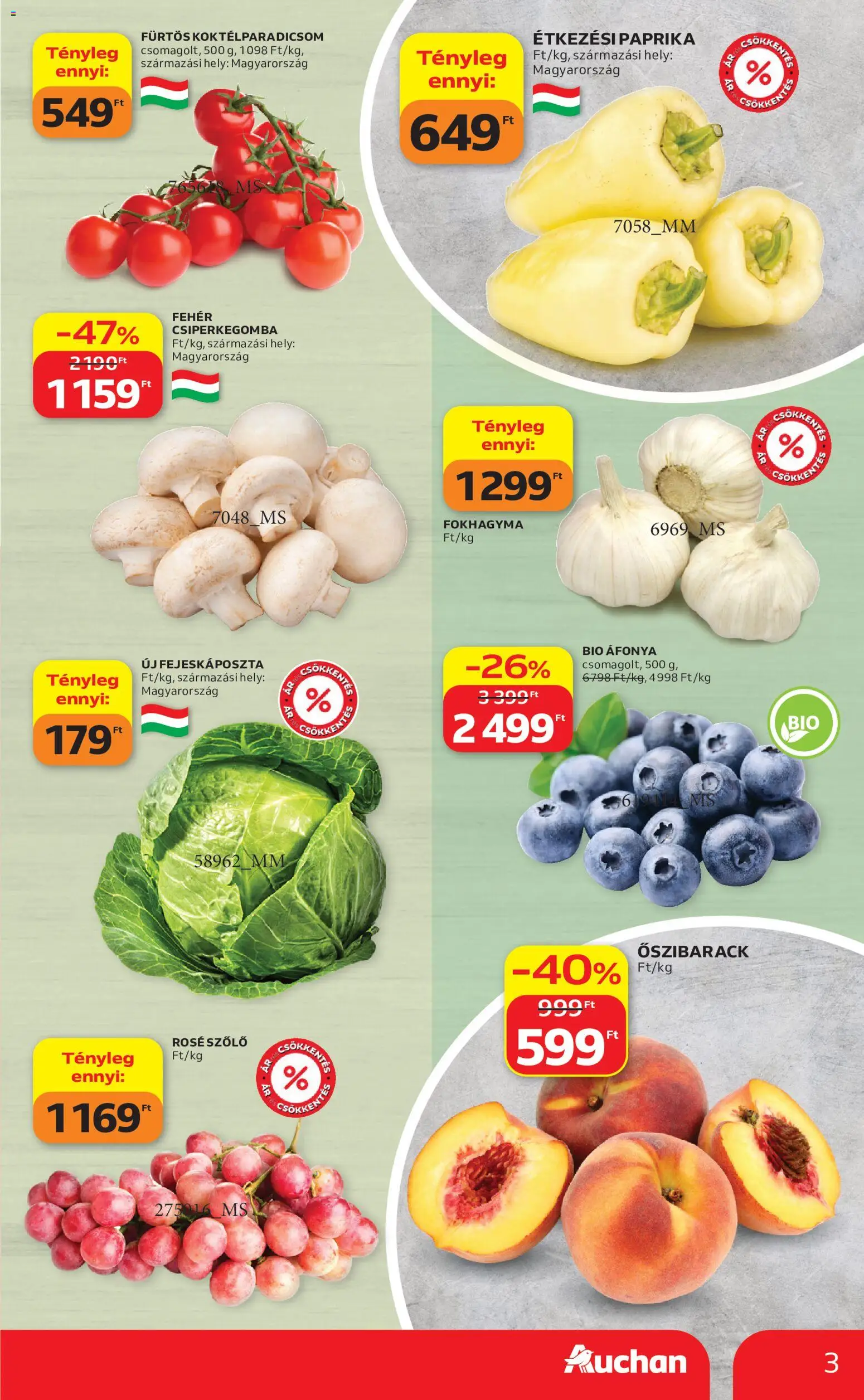 Auchan akciós ujság - amely érvényes a következő dátumtól: 2026.08.06. | Oldal: 3 | Termékek: Fokhagyma, Szőlő, Csiperkegomba, Áfonya